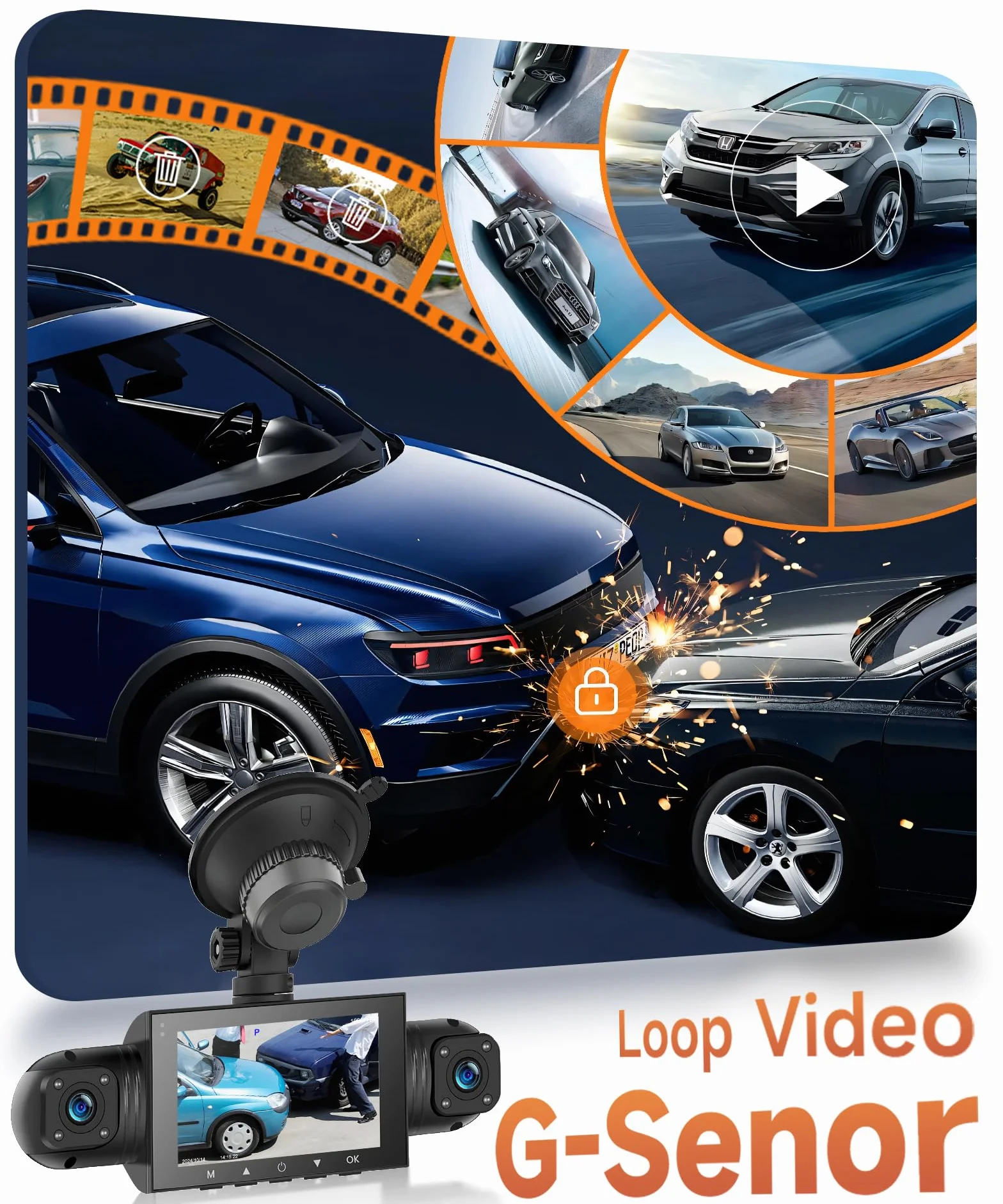 Rimoody 360° 4 Canali Dashcam Auto, 4 Telecamera HD 1080P Anteriore e Posteriore Sinistra Destra, 3 Pollici 1080P Dash Cam con 8 IR Visione Notturna/Loop video/24H Parcheggio Monitor/G-Sensore