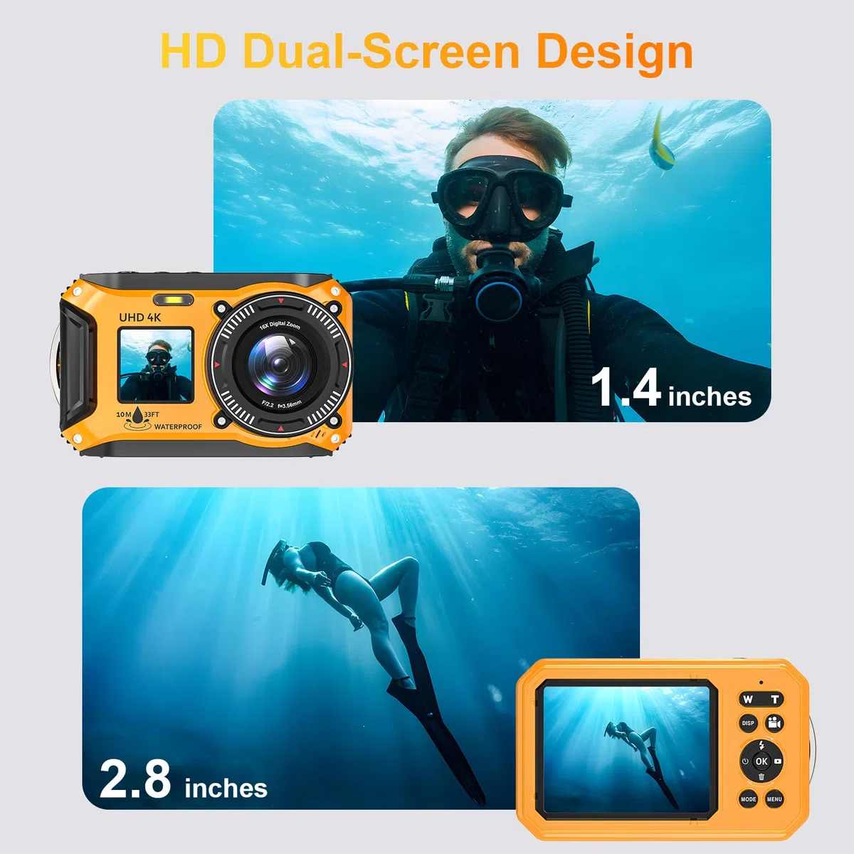 4K 56MP 33FT UHD fotocamera subacquea per snorkeling con scheda da 32 GB Dual Screen Compatta impermeabile antipolvere galleggiante fotocamera digitale autofocus impermeabile 1500 mAh