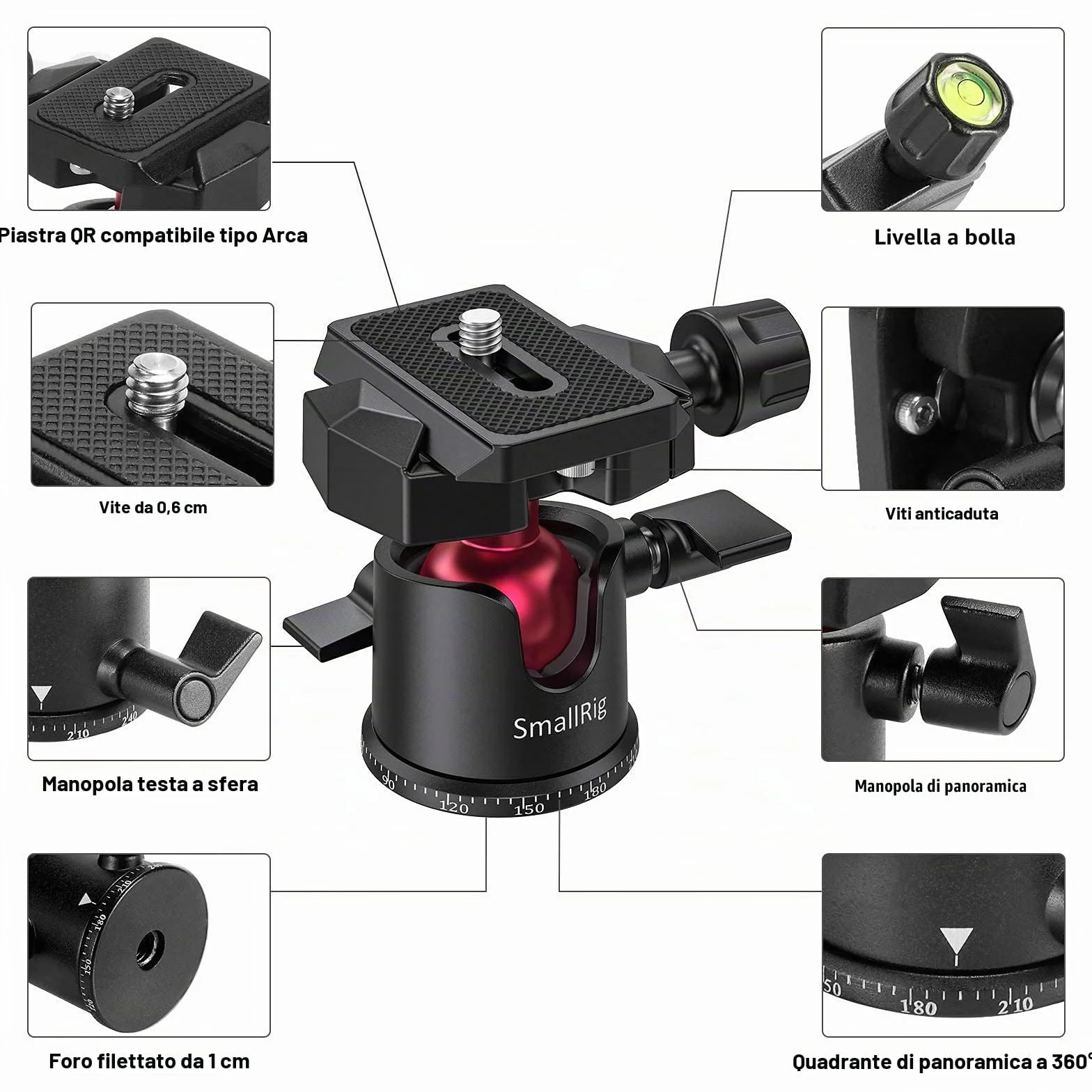 SMALLRIG Testa per Treppiede con Testa a Sfera Panoramica Ruotabile di 360°, Testa per Treppiede con Piastra a Sgancio Rapido Vite da 1/4'' per Treppiede, Monopiede, Fotocamere, DSLR 2665