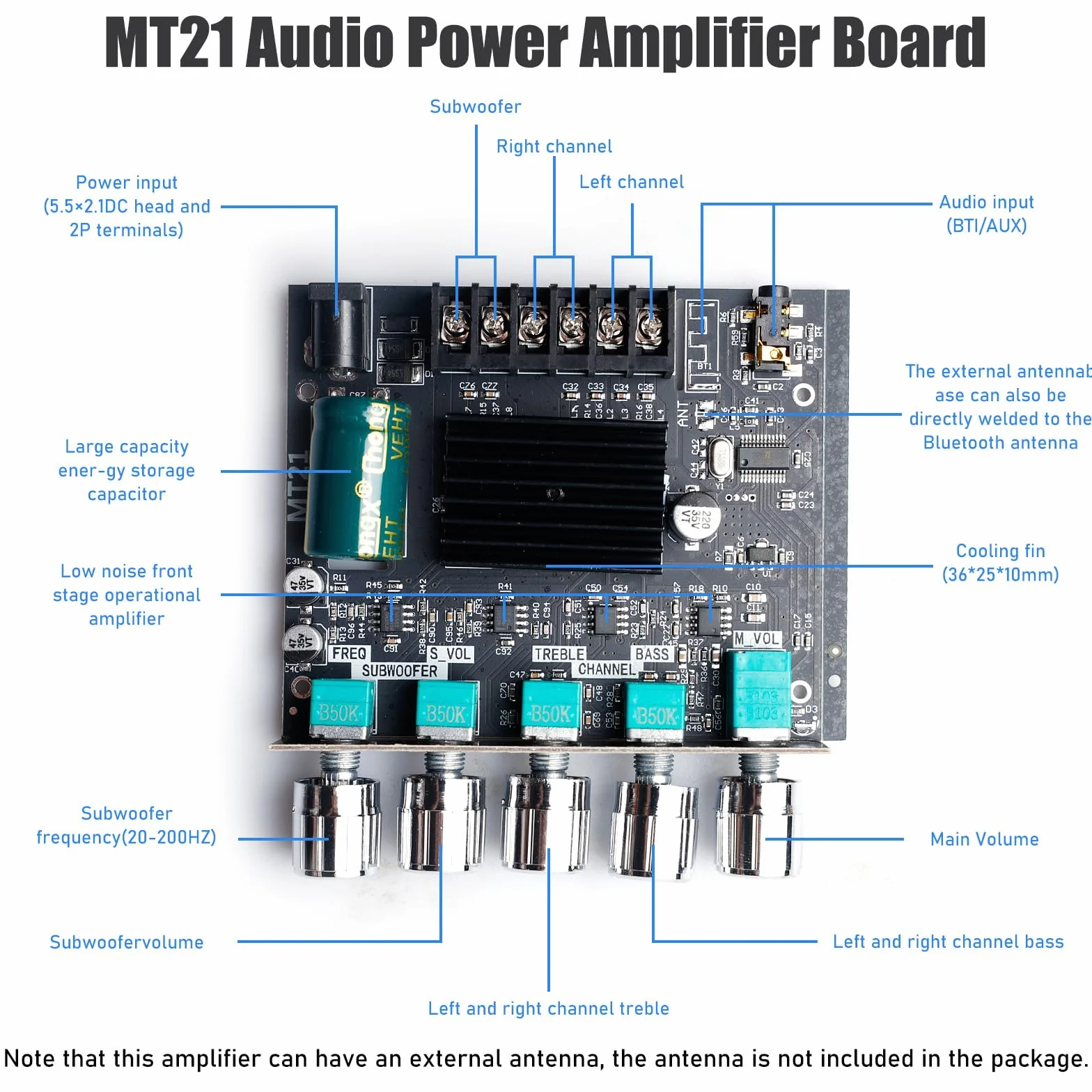 Amplificatore audio HiFi: 2 x 50 W + 100 W subwoofer 2.1 canali, amplificatore scheda con Bluetooth alti e controllo dei bassi, ingressi Bluetooth e AUX, DC 12-24 V per altoparlanti passivi