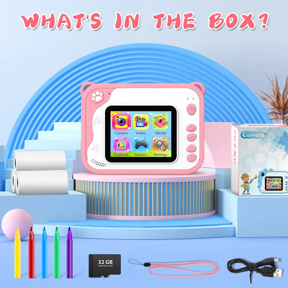 Macchina fotografica digitale per bambini, macchina fotografica istantanea di stampa per ragazze, schermo da 2.0 pollici, 3 rotoli di carta da stampa, mini giocattolo ricaricabile per bambini (rosa)