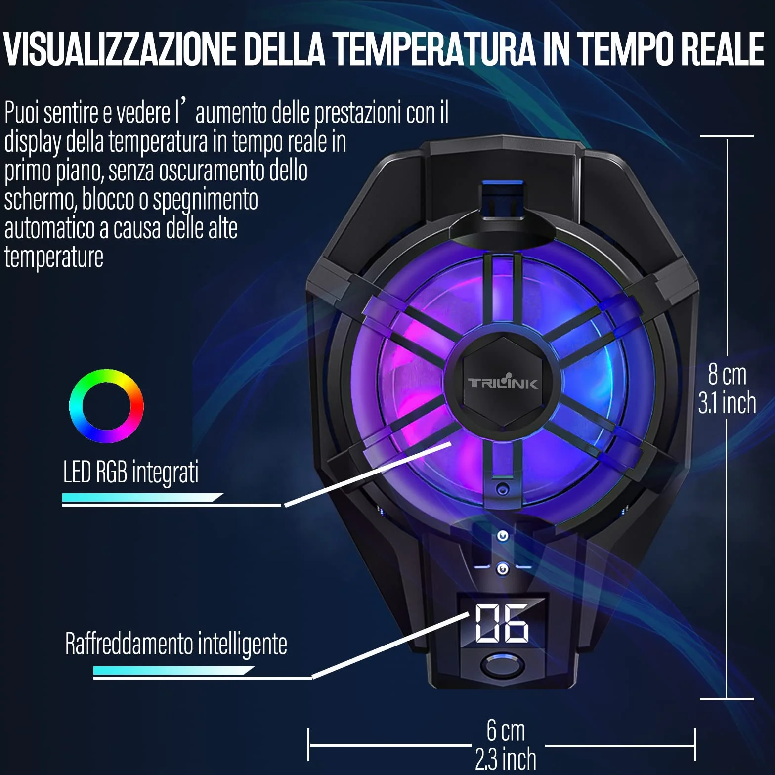 TRILINK Raffreddamento Telefono con Batteria Ricaricabile, Ventola per Gaming Adatto a Tutti i Tipi di iPhone, Smartphone Android, Radiatore per Cellulare con LED RGB