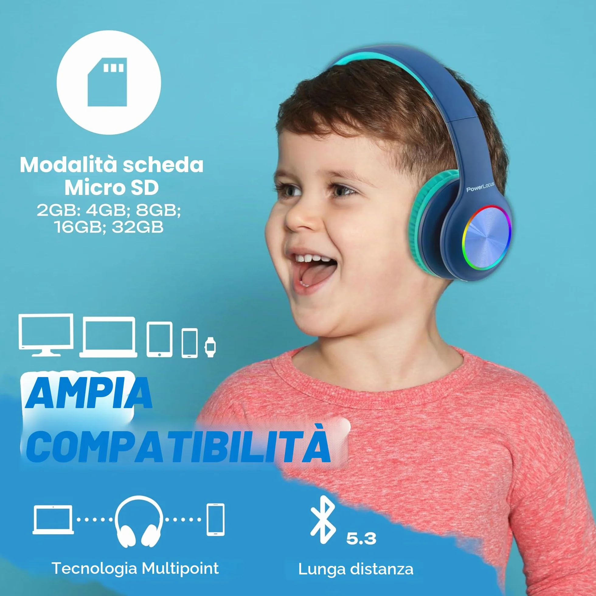 PowerLocus Cuffie Bluetooth pieghevoli senza fili per bambini con luci LED, HD Stereo, USB-C Ricarica Rapida, Micro integrato, SD Modalità e cablata per iPhone/Tablet/TV