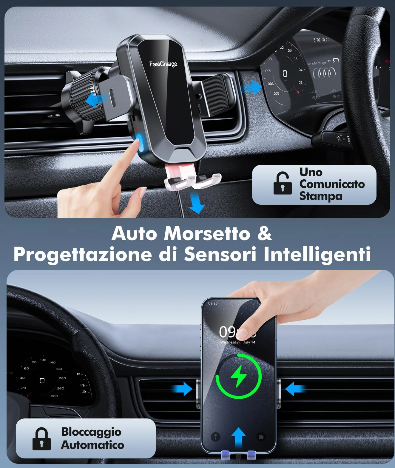 EOIWUY 15W Caricatore Wireless Auto, Auto-Bloccaggio [360° Rotazione] Supporto Telefono Auto Ricarica Wireless Rapida con QC 3.0 Caricabatterie Auto, Compatibile con iPhone 17/16/15, Galaxy S24/S23