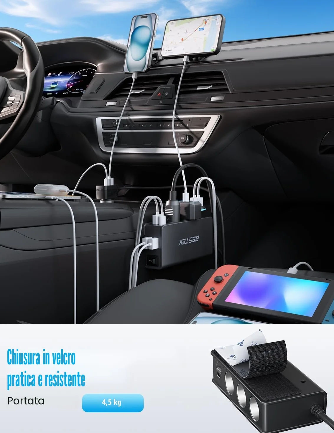 BESTEK Caricatore Auto USB-C PD USB QC3.0 Caricabatterie da Auto 148W, 9 in 1 Adattatore per Accendisigari 12V/24V con 3 Prese & 6 Porte con Display LED per iPhone Dash Cam