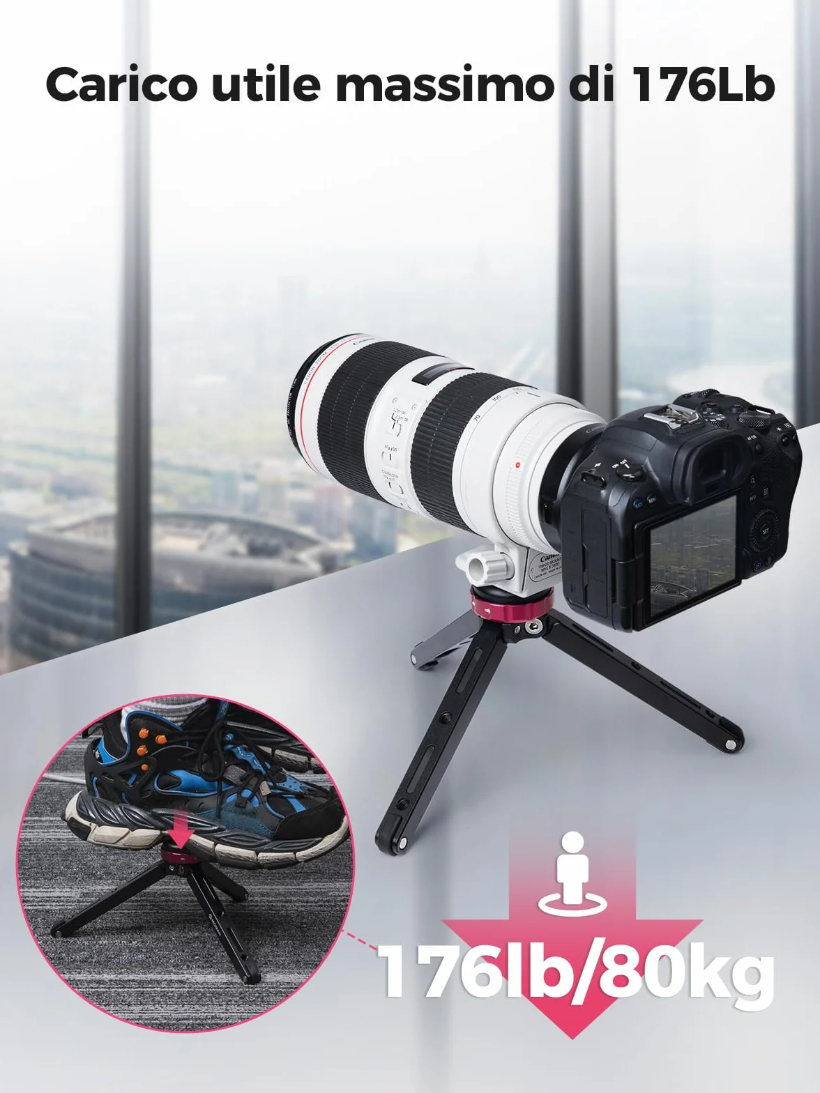 Moman Mini Treppiedi, TR01 Tavolo Treppiedi Piccolocon Attacco a Vite 1/4 e 3/8 Mirrorless con Carico Massimo di 80 kg Alluminio CNC per Fotocamera Camere Reflex Smartphone DSLR, Nero Rosso