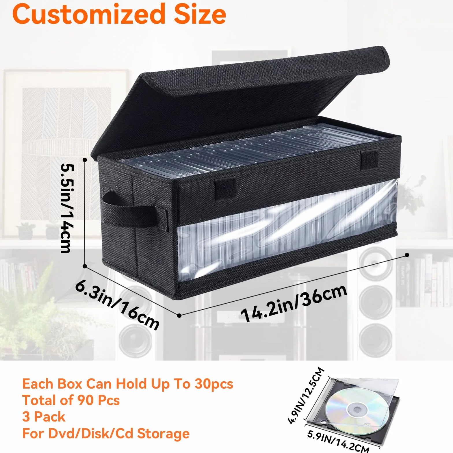Scatola Porta CD con Coperchio,porta cd portatile Con finestra di visualizzazione,Contenitori Impilabili con Coperchio Pieghevole per 32 CD per Casa e Auto, Nero