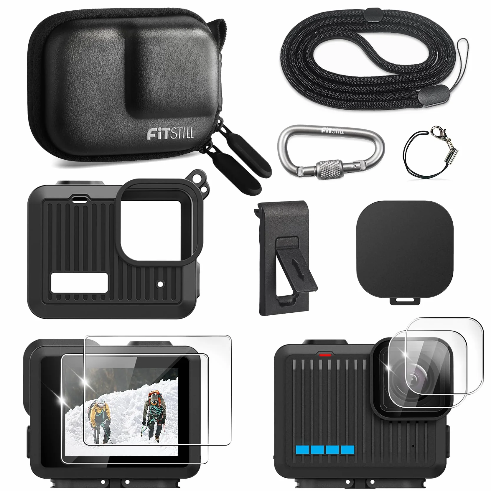 FiTSTILL Custodia in poliuretano con custodia in silicone con protezione in gomma per GoPro Hero 4K, sostituisce la copertura laterale della batteria, copriobiettivo, cordino e pellicole protettive