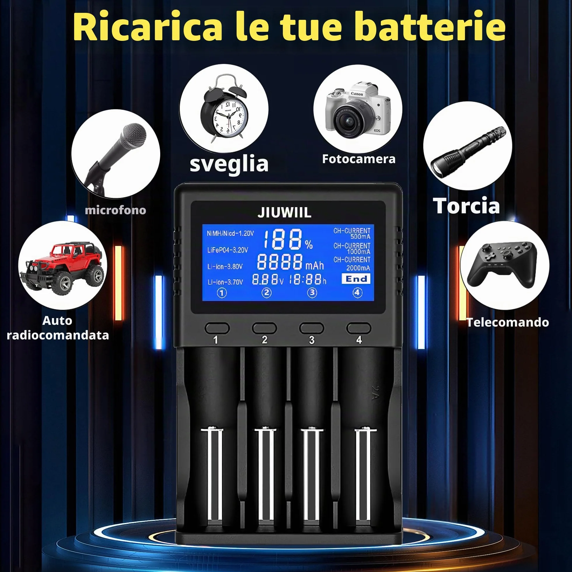 Caricabatterie 18650, Caricabatterie Universale a 4 slot con Display LCD per Batterie Ricaricabili Li-Ion 26650 17500 16340 (RCR123) 14500 10440 16340