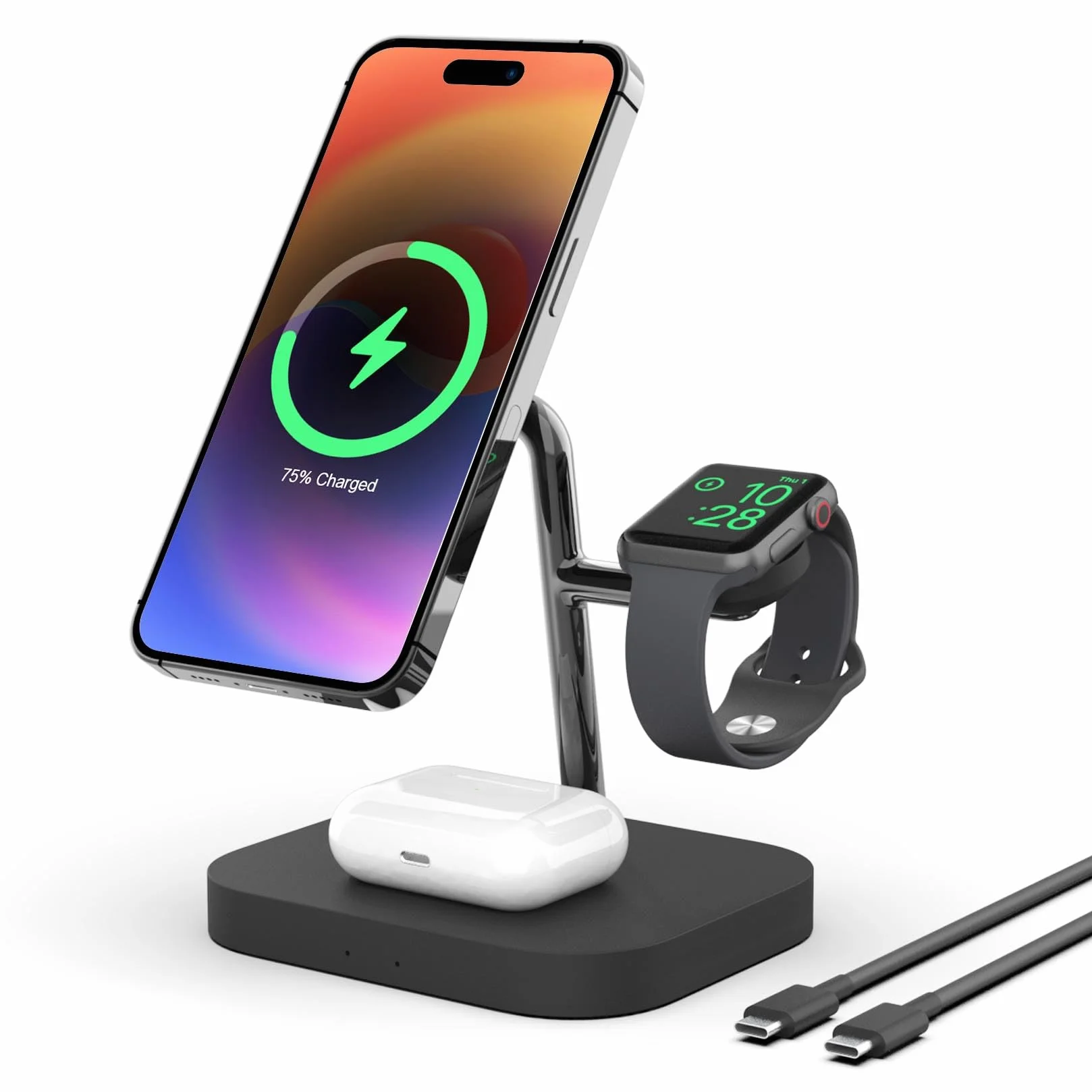Boaraino Caricatore Wireless Magnetica, 3 in 1 Stazione di Ricarica Wireless Compatibile coniPhone 17/17 Pro/17 Pro Max /16/15/14/13/12, Apple Watch 11/10/9/8/7/6/SE/5/4/3, AirPods 2/3/4/Pro