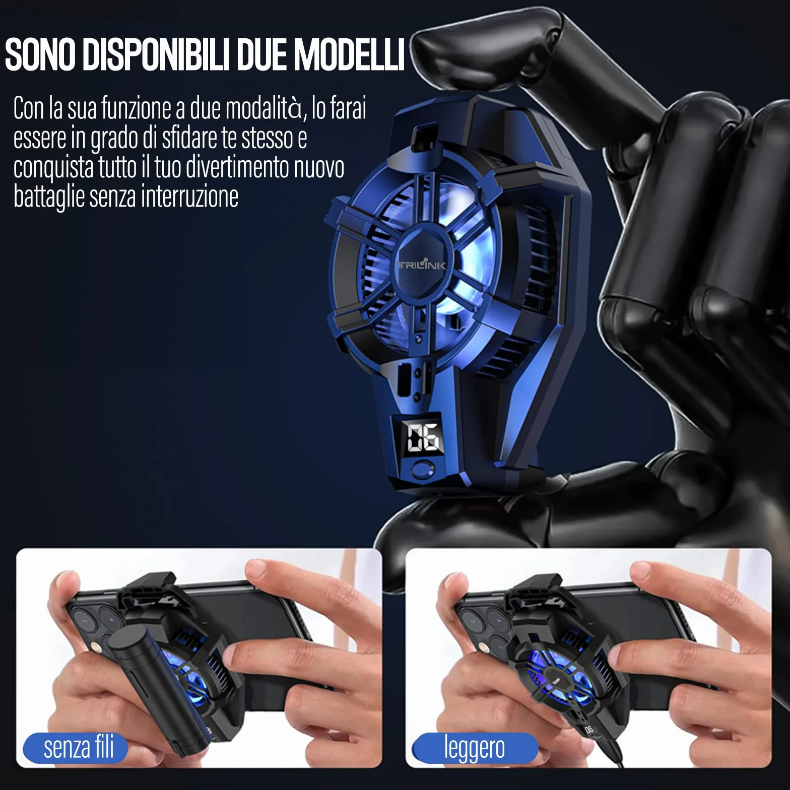TRILINK Raffreddamento Telefono con Batteria Ricaricabile, Ventola per Gaming Adatto a Tutti i Tipi di iPhone, Smartphone Android, Radiatore per Cellulare con LED RGB