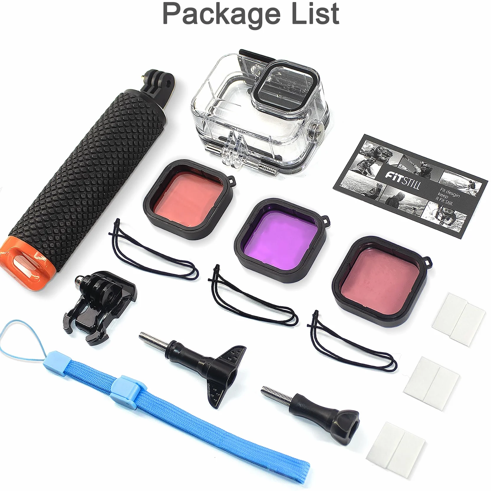 OKFUN Custodia impermeabile con 3 filtri per Go Pro Hero 13-10 nero, guscio protettivo subacqueo monopiede galleggiante impugnatura bastone action camera accessori