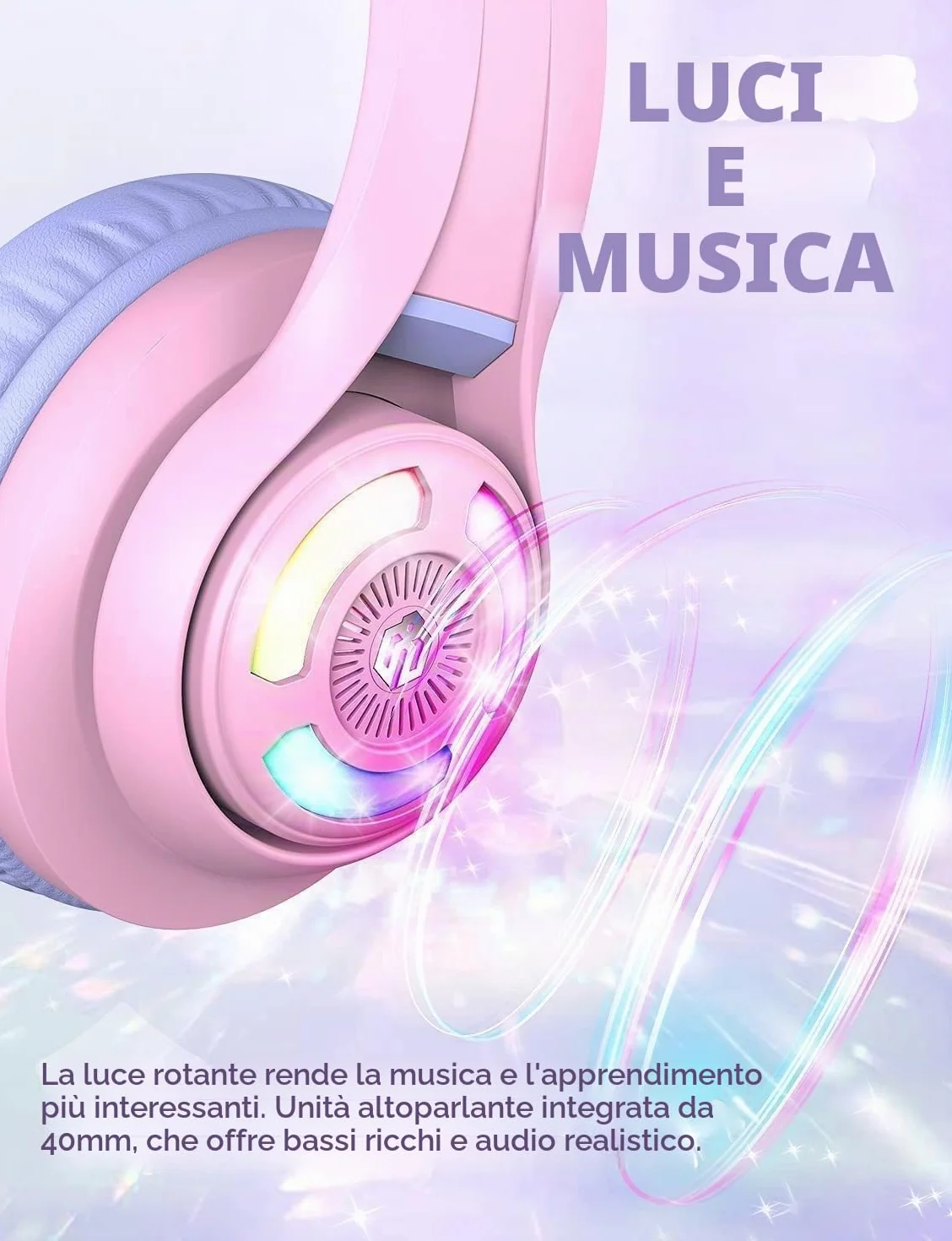 iClever Cuffie Bluetooth per Bambini, BTH13 Cat Ear LED Cuffie Wireless Bambini con Mic, 50 Ore di Riproduzione, 74/85dBA di Limitazione del Volume
