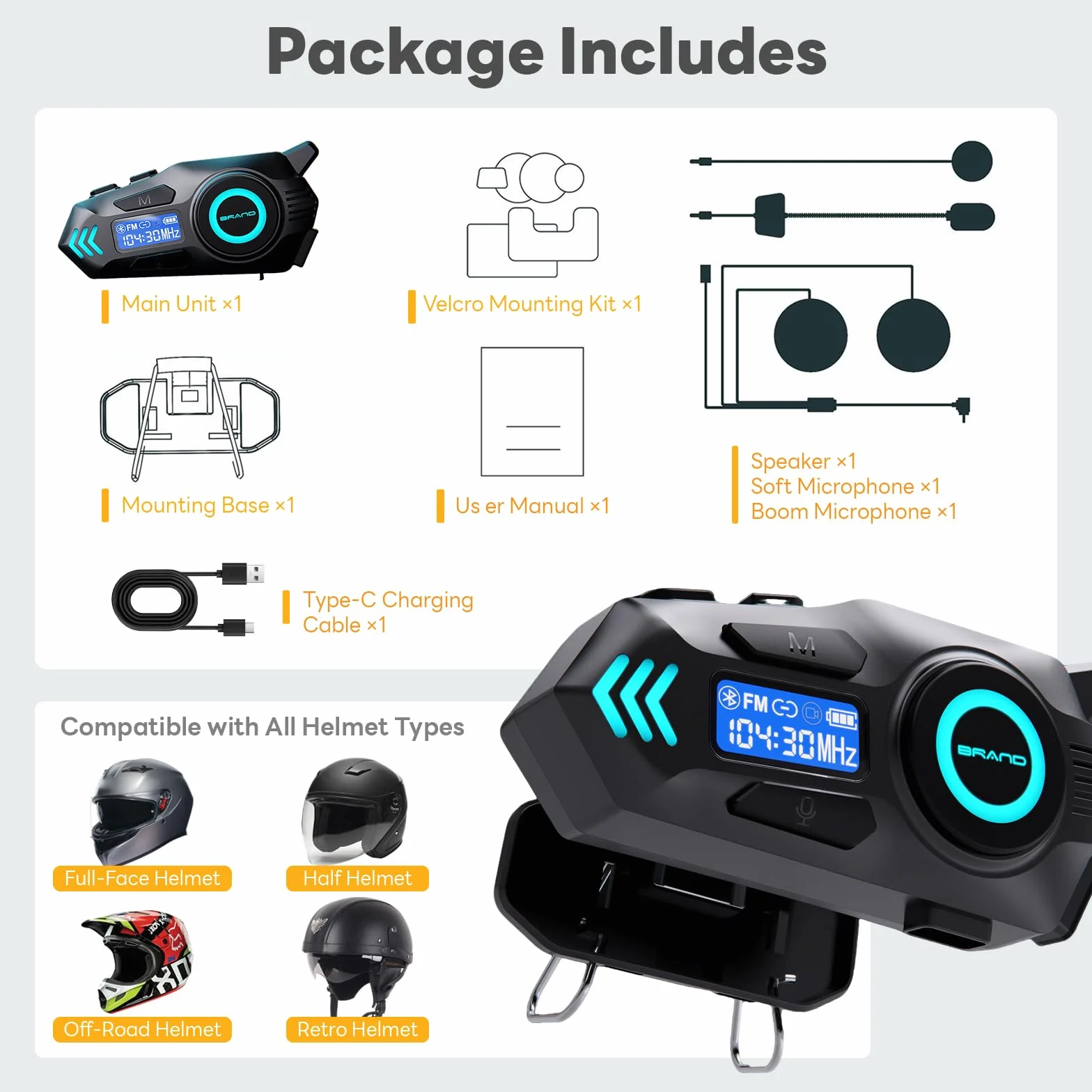 K09 Interfono Moto, Kit Vivavoce Moto Bluetooth 5.4, Sistema Comunicazione Duo Interfono Moto 500 m, Auricolare con Display Digitale/IPX8 Impermeabile/HIFI/FM (1 pz)