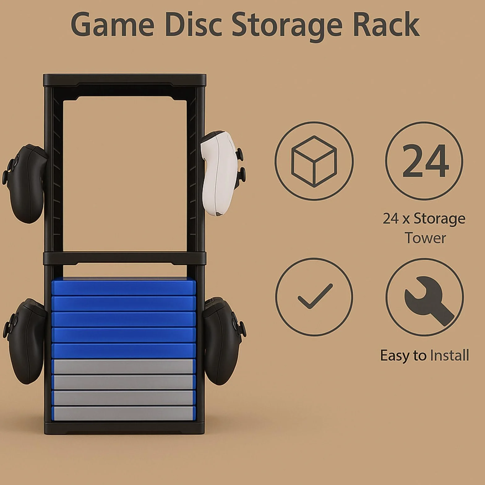 Supporto a torre di archiviazione per giochi per PS5, PS4, Xbox Series X/S, Xbox One, Switch e dischi Blu-Ray - Rack organizer per 24 dischi con controller e ganci per cuffie, salvaspazio