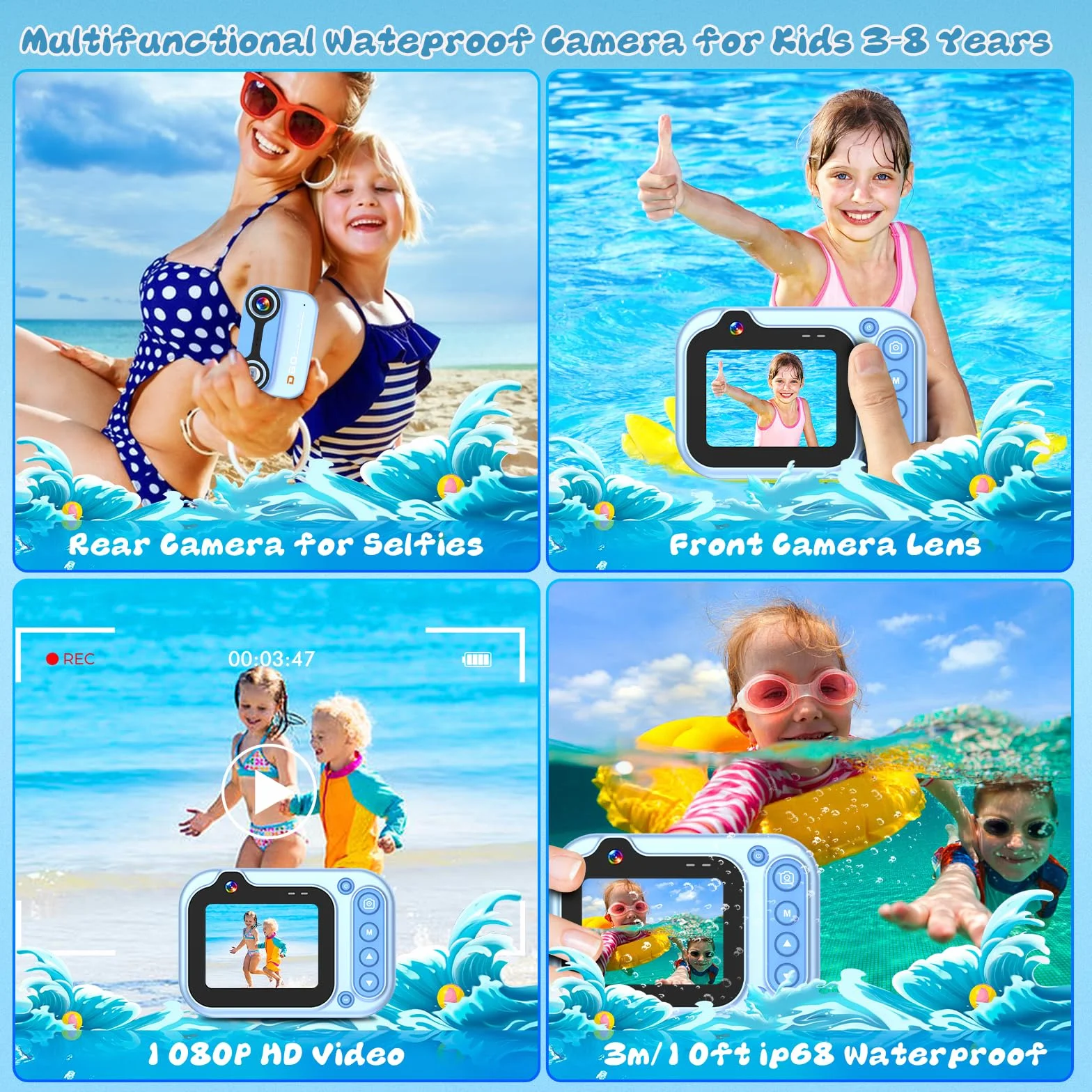 Macchina Fotografica Subacquea 10FT 1080P Full HD 26MP Fotocamera Subacquea Digitale, 10X Zoom Digitale, Telecamera Subacquea Per Selfie Subacquei, Nuoto, Spiaggia, Parco Acquatico - Blu