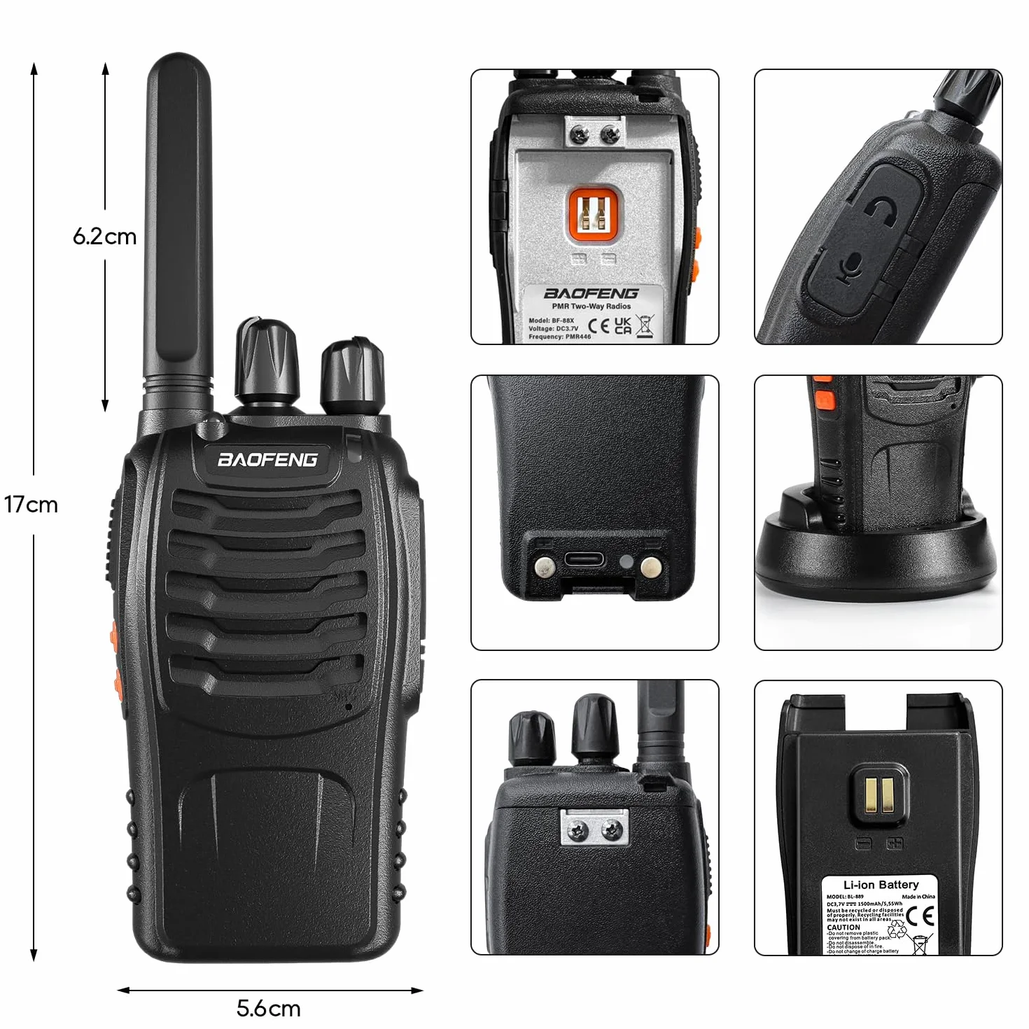 BF-88X Walkie Talkie PMR446 16 canali lunga portata con caricatore USB e auricolari