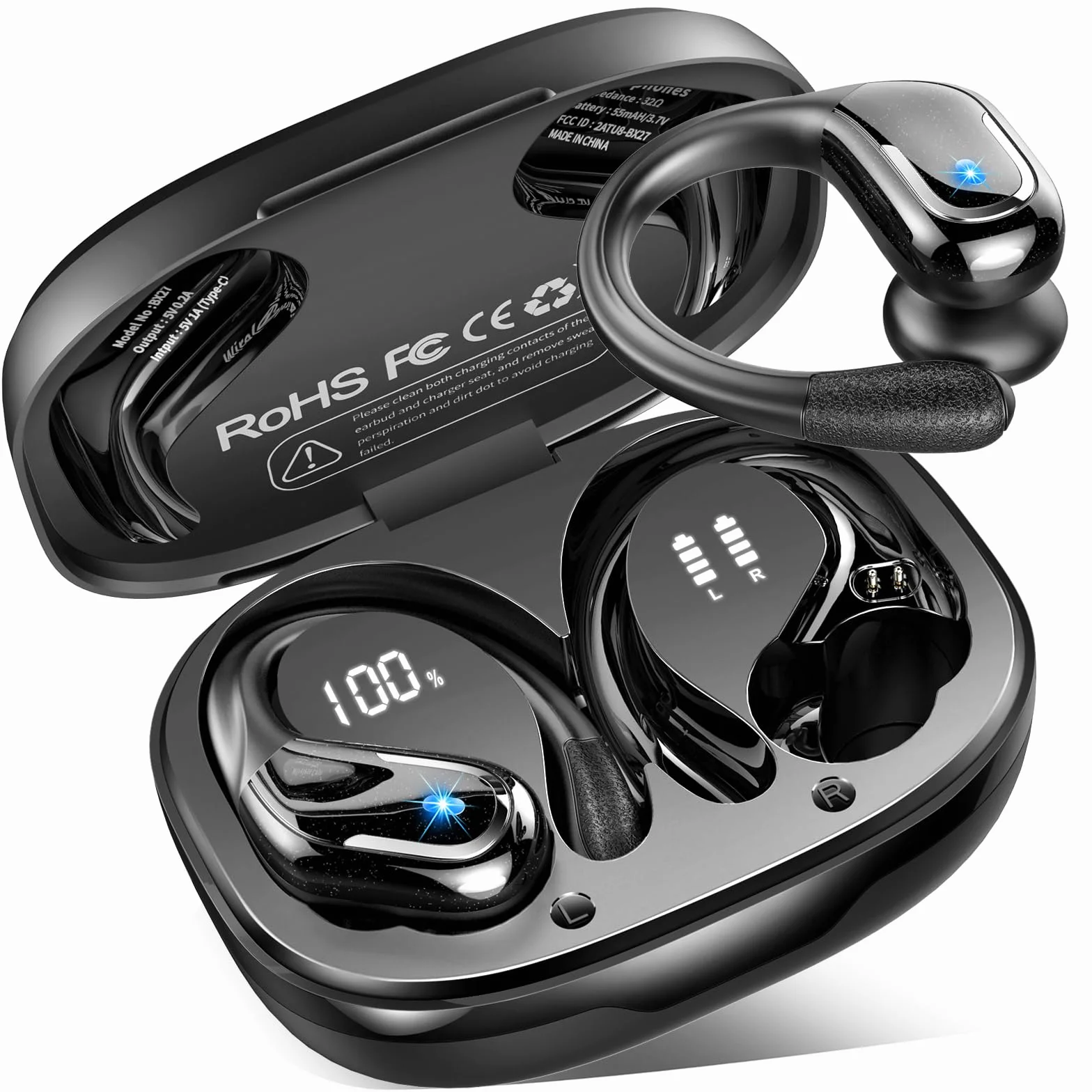 Cuffie Bluetooth Sport 5.4 con 4 ENC Mics, IP7 Impermeabili, Display LED, Senza Filo per Palestra Running