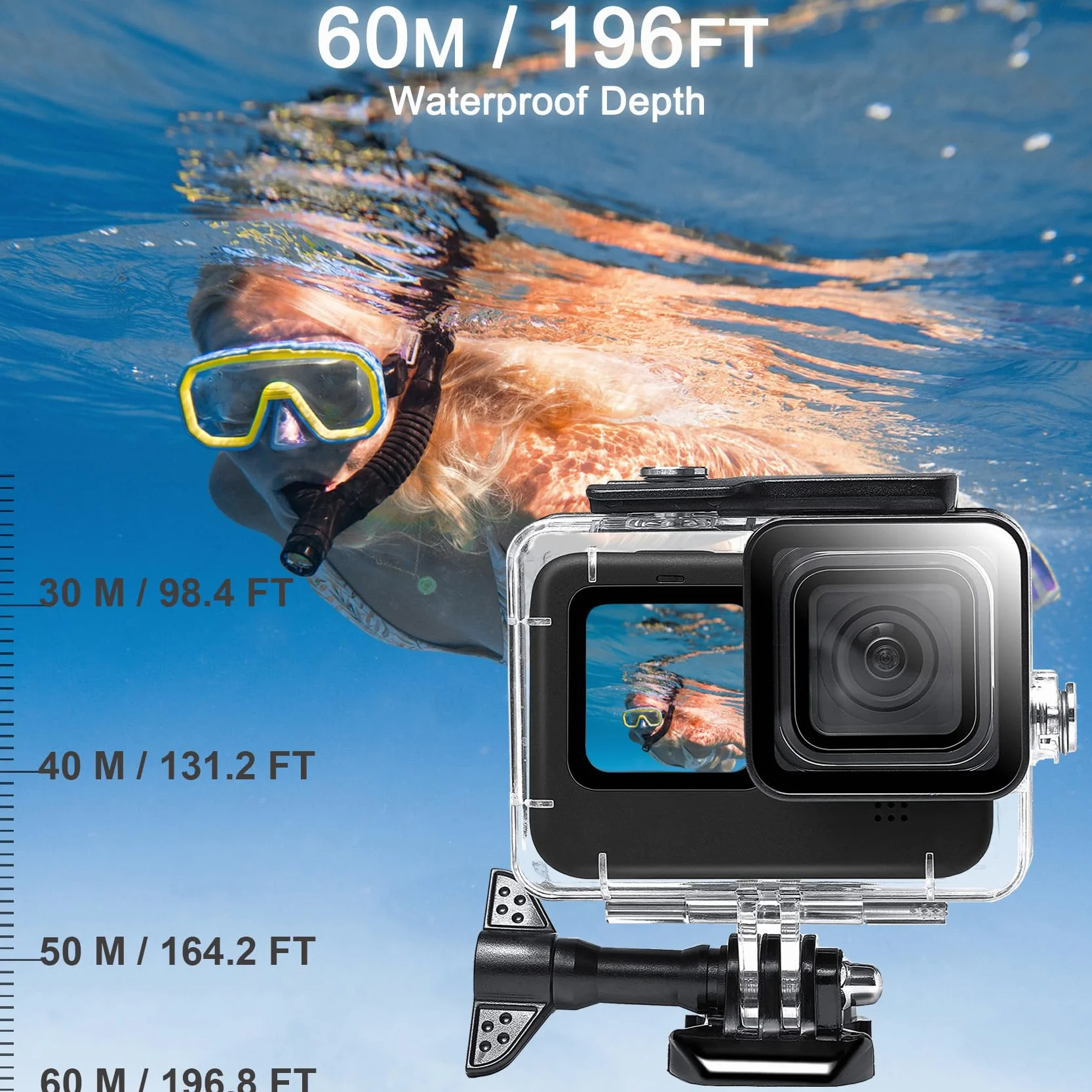 OKFUN Custodia impermeabile con 3 filtri per Go Pro Hero 13-10 nero, guscio protettivo subacqueo monopiede galleggiante impugnatura bastone action camera accessori