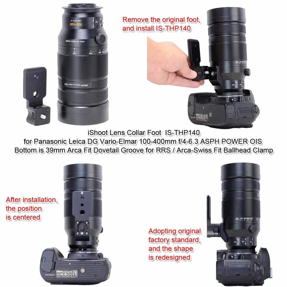 iShoot Supporto per treppiedi in metallo con attacco per treppiede, compatibile con Panasonic Leica DG Vario-Elmar 100-400 mm f/4-6.3 ASPH Power OIS, supporto per obiettivo con piastra QR Arca Fit