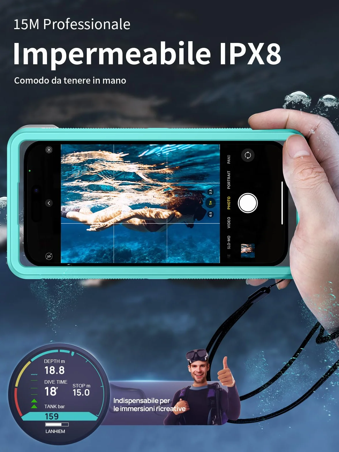 Custodia Impermeabile 15M Smartphone [Universale] IPX8 Cover Subacquea Professionale [Touchscreen Subacqueo] Asciutta Borsa per iPhone Samsung Galaxy Huawei XiaoMi Oppo Vivo 4.7-6.9'' Blu