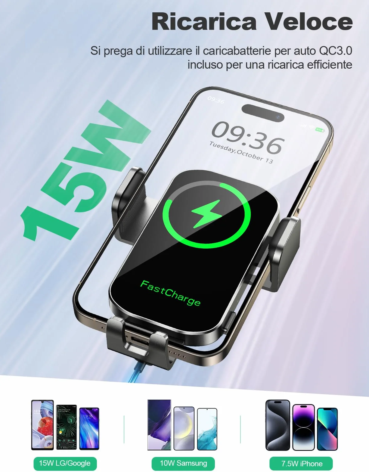 Glangeh 15W Caricatore Wireless Auto, [Ventosa+Clip+QC3.0] Automatico-Bloccaggio Ricarica Wireless Auto, Porta Cellulare Veicolo Ricarica Senza Fili Compatibile con iPhone 17 Pro Max/17 Plus/16 Pro/15
