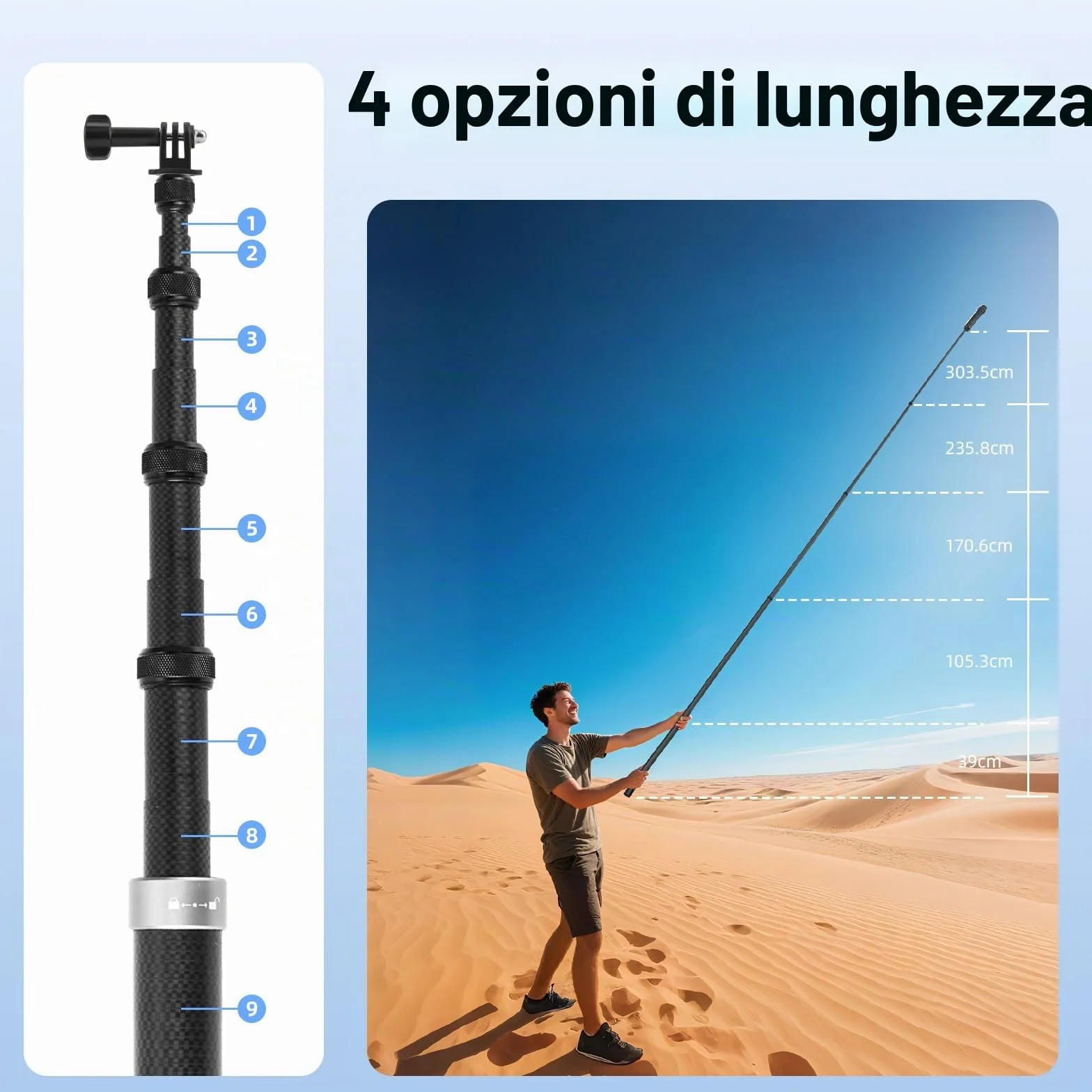 BRDRC Bastone selfie invisibile ultra lungo in fibra di carbonio per Insta 360 ONE X5 X4 X3 X2 RS Accessori (con adattatore Go Pro, cinturino, sacchetto di stoccaggio) 3 m