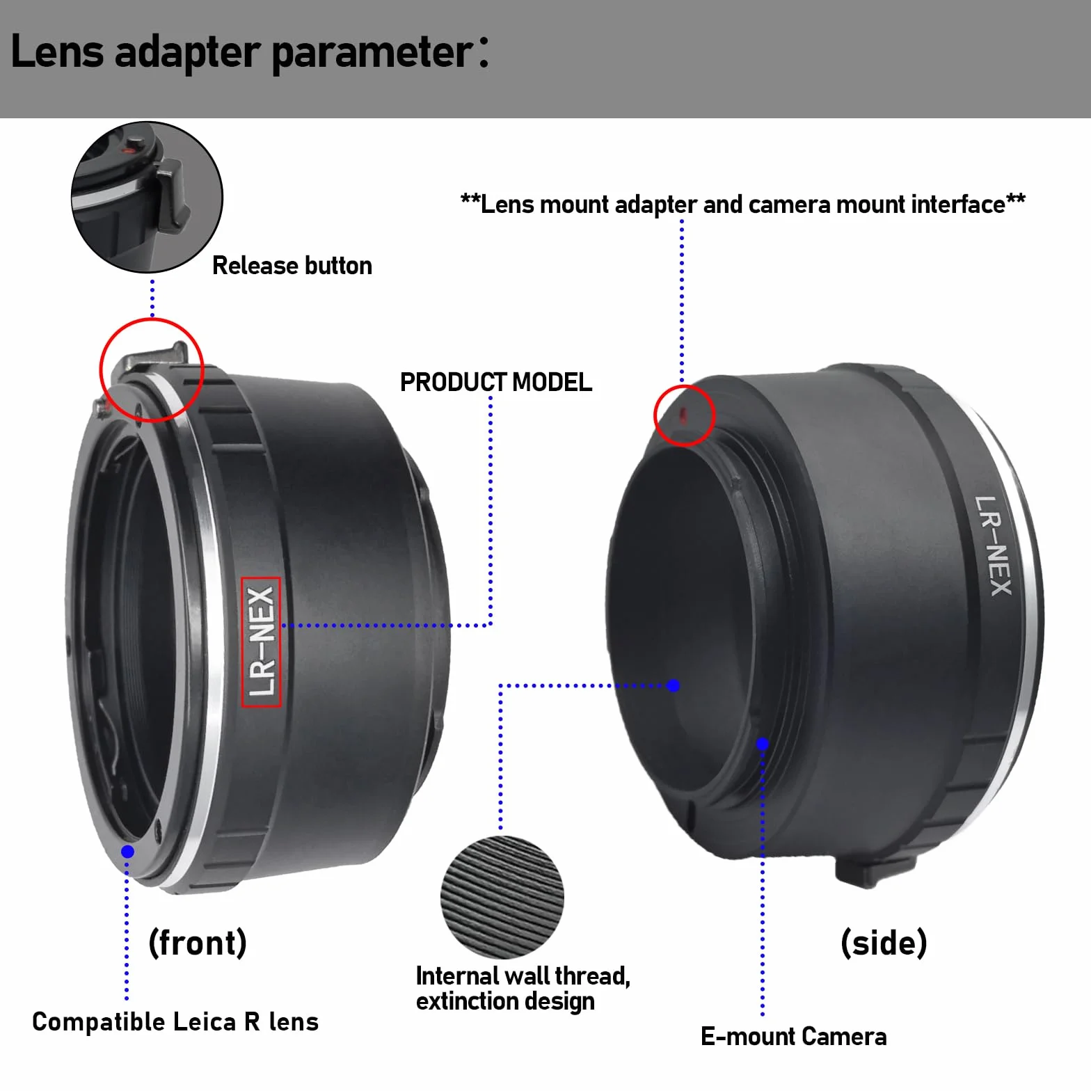 LR-NEX - Adattatore per obiettivo Leica L/R, compatibile con fotocamera E-mount, NEX-3, NEX-C3, NEX-F3, NEX-3N, NEX-5, NEX-5N, a3000, a7, a7S, a7R, a7II, a7RII; LR to NEX Lens Adapter