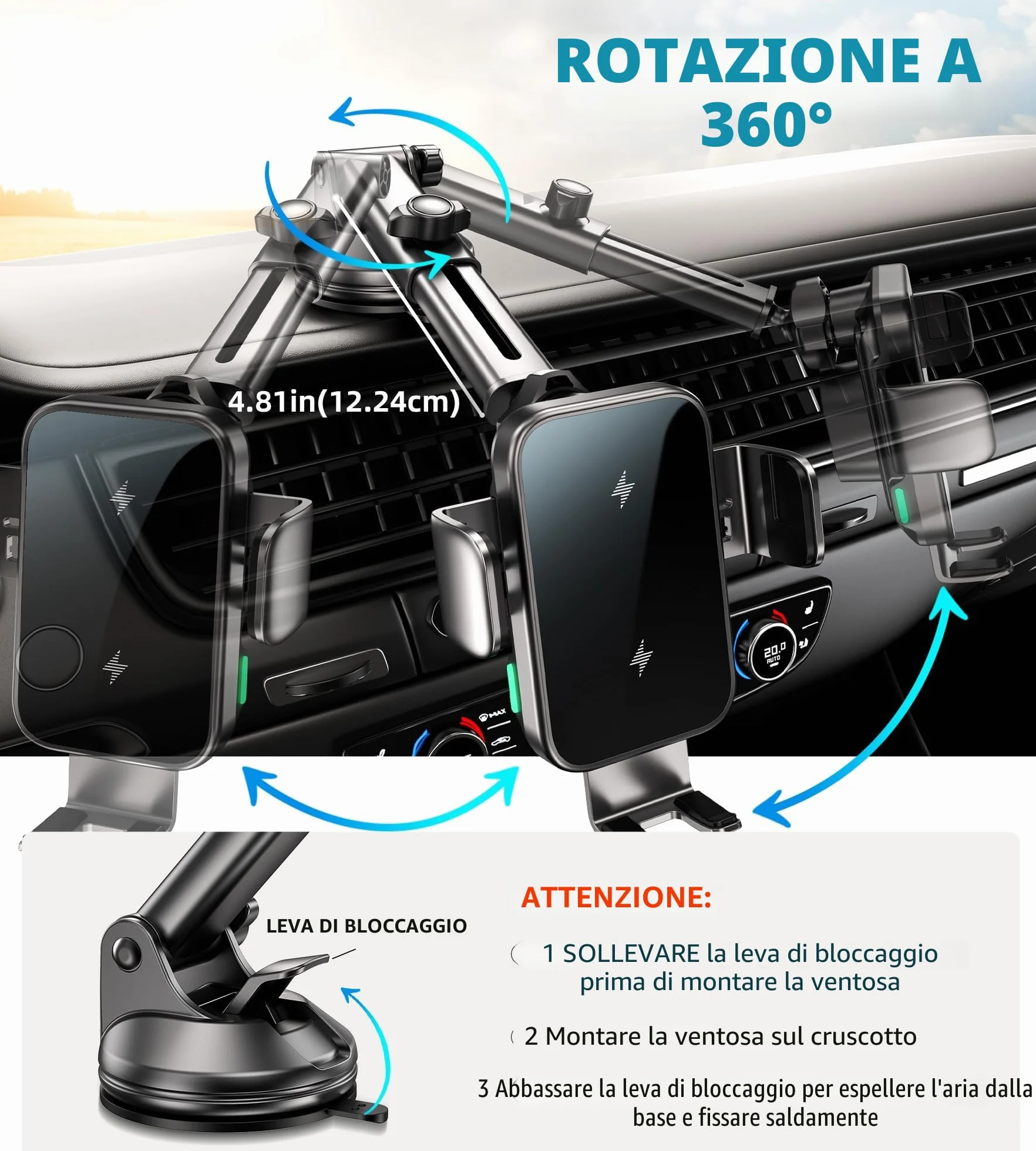 Caricatore Wireless,15W Supporto per Telefono Auto con Ricarica Wireless,Caricabatterie Da Senza Fili,Doppia Bobina,Supporto Di Ricarica Per Auto Per Samsung Galaxy,i-Phone Series (X6)