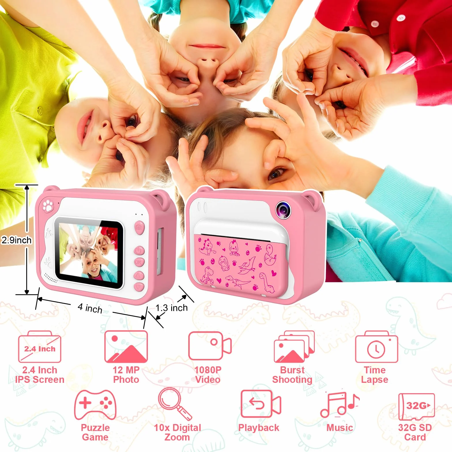 Macchina fotografica digitale per bambini, macchina fotografica istantanea di stampa per ragazze, schermo da 2.0 pollici, 3 rotoli di carta da stampa, mini giocattolo ricaricabile per bambini (rosa)