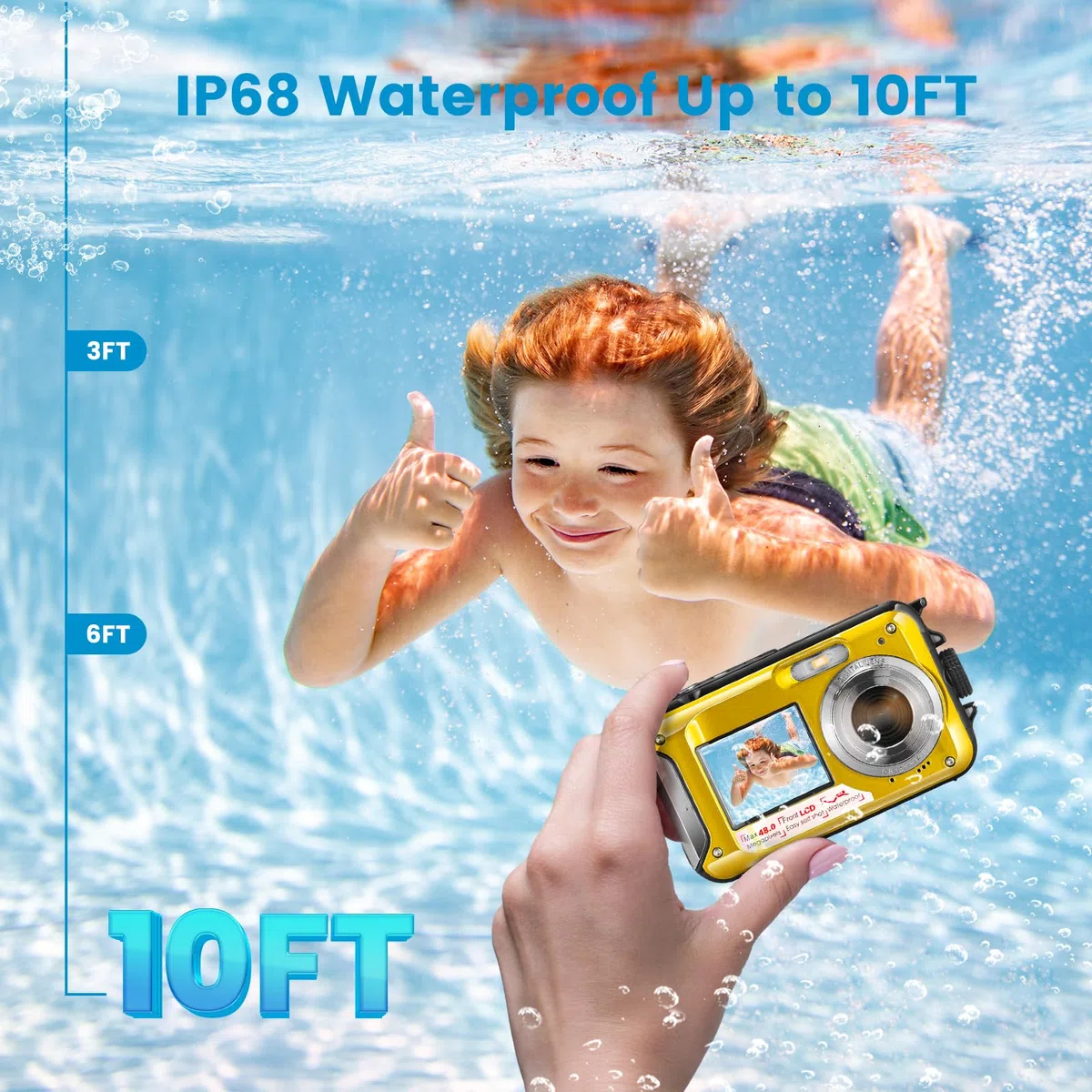 Macchina Fotografica Subacquea, Zoom Digitale 16X, Fotocamera Full HD 2.7K 48MP, Impermeabile Giallo