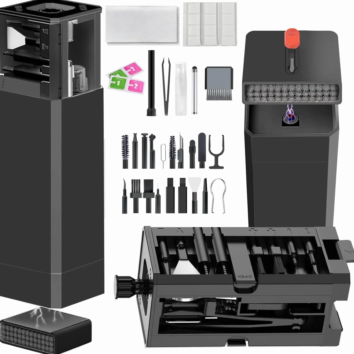 Kit per la pulizia del telefono con pulitore per porta di ricarica, pennino, schermo e spazzola per altoparlanti, per iPhone, Samsung, AirPods, MacBook, laptop, PC, tastiera, iPad (nero, con stucco e