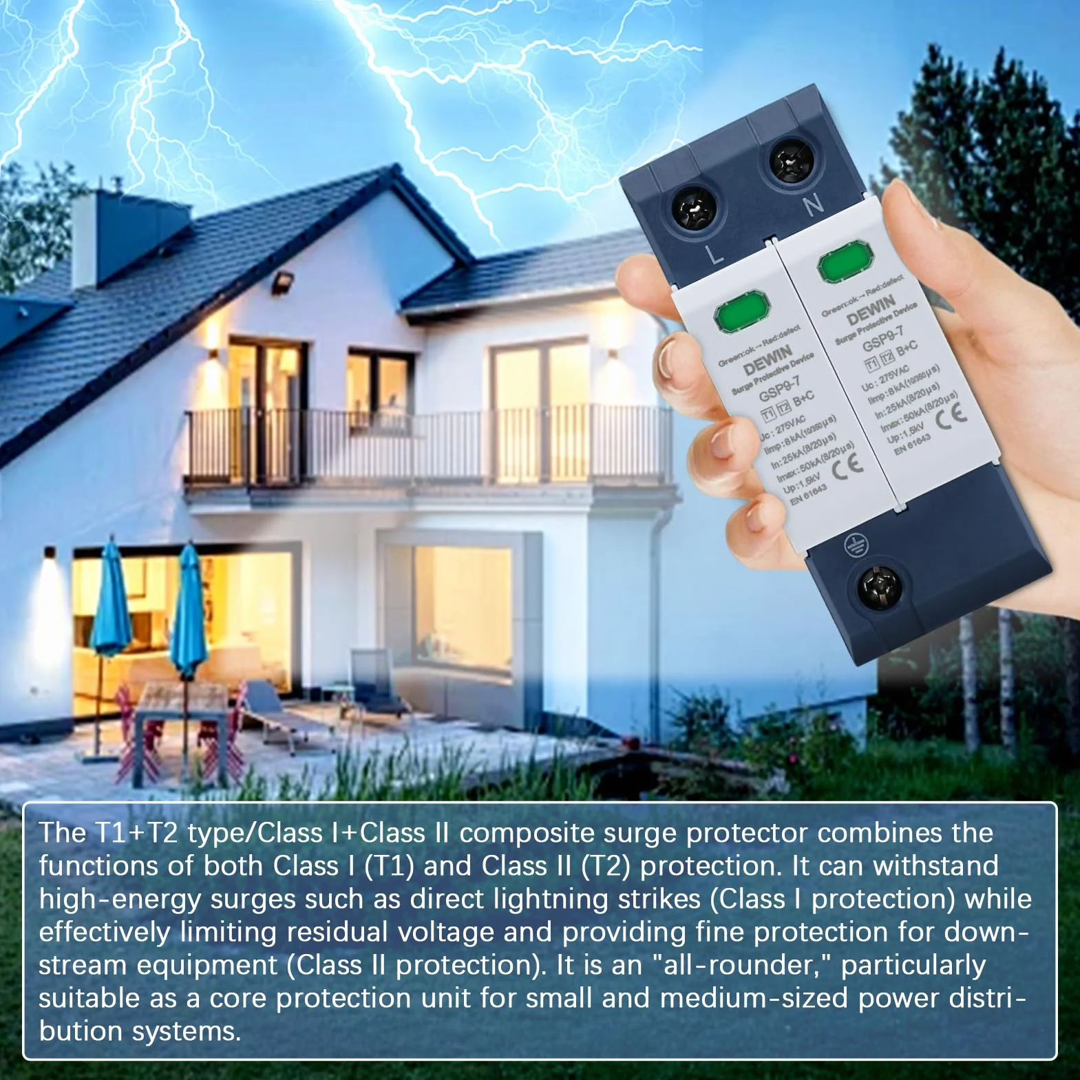 DEWIN Scaricatore di Sovratensione 2P AC 275V 25KA~50KA Dispositivo Protezione Fulmini Bassa Tensione