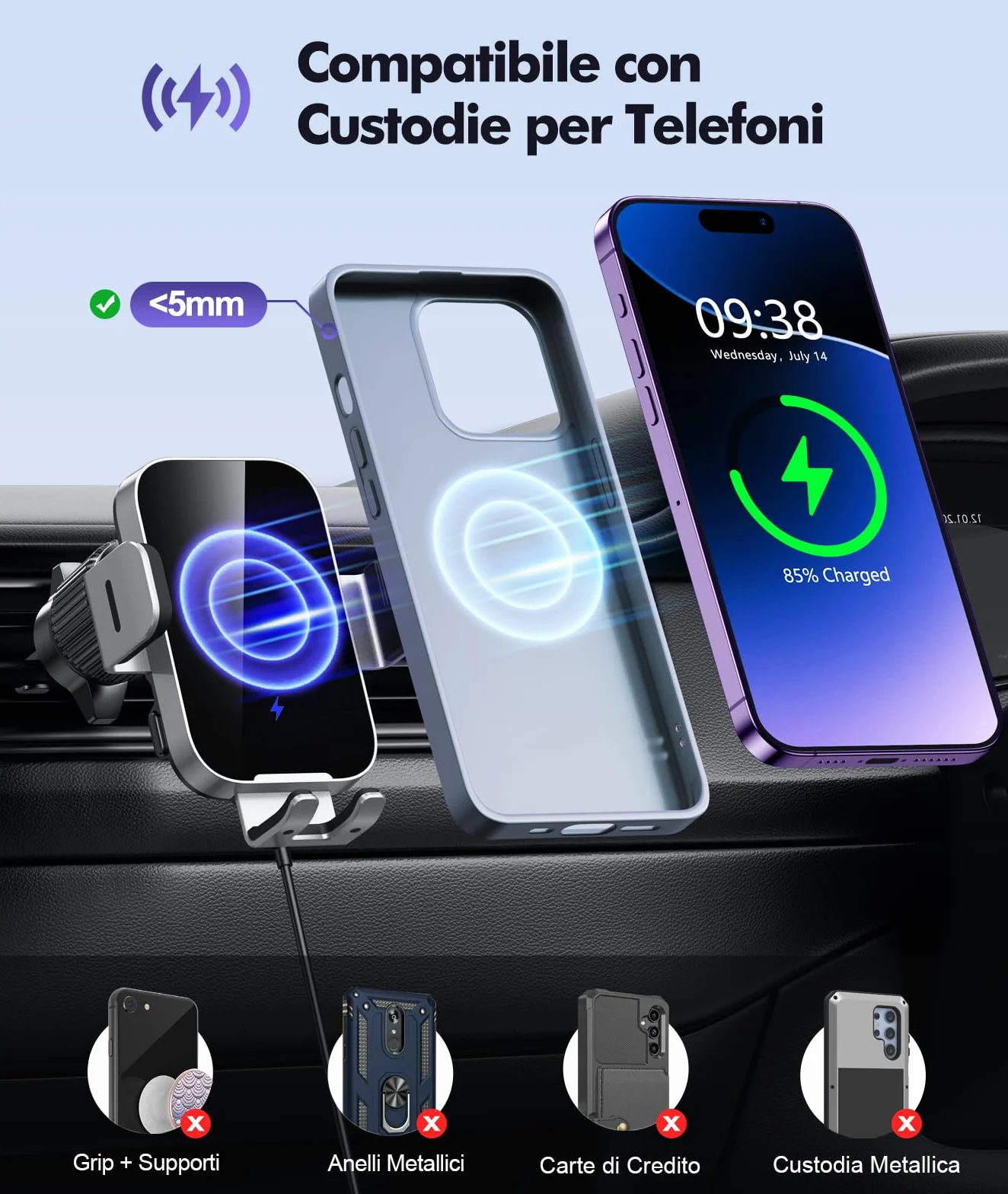 ISEYOU Caricatore Wireless Auto, 15W Supporto Telefono Auto Ricarica Wireless Rapida Bloccaggio Automatico, 360°Rotazione Caricabatterie Wireless Auto Compatibile con iPhone 17 16 15 14 Pro Max Galaxy