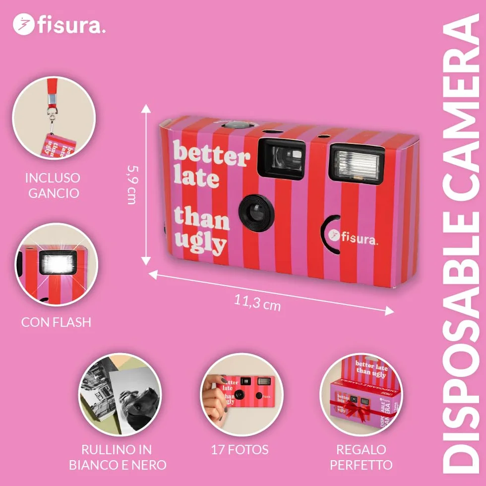 Fisura – Fotocamera usa e getta originale "better late". Fotocamera monouso con flash. 17 scatti in bianco e nero. Gancio incluso. Perfetta per matrimoni o feste.