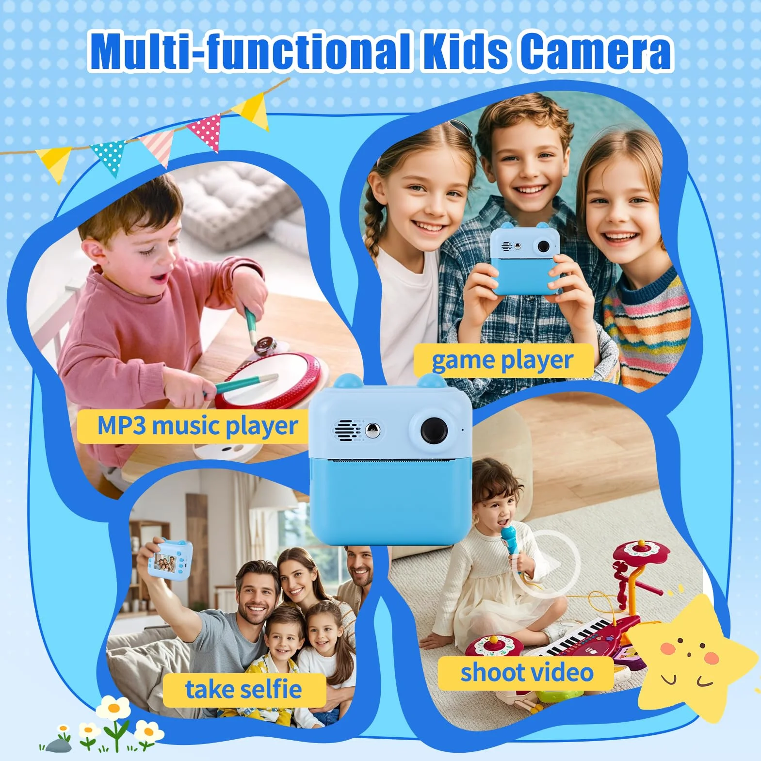 Gugxiom Kids Camera Instant Print, Fotocamera Digitale per Bambini con Scheda SD da 32 GB e 3 Rotoli Di Carta per Stampante, Fotocamera per Bambini per Ragazzi e Ragazze (blu)
