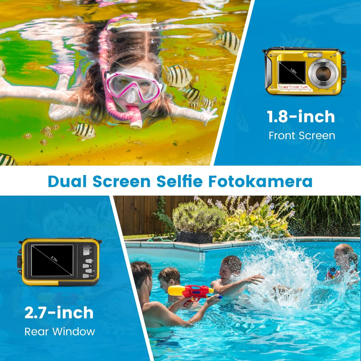 Macchina Fotografica Subacquea, Zoom Digitale 16X, Fotocamera Full HD 2.7K 48MP, Impermeabile Giallo