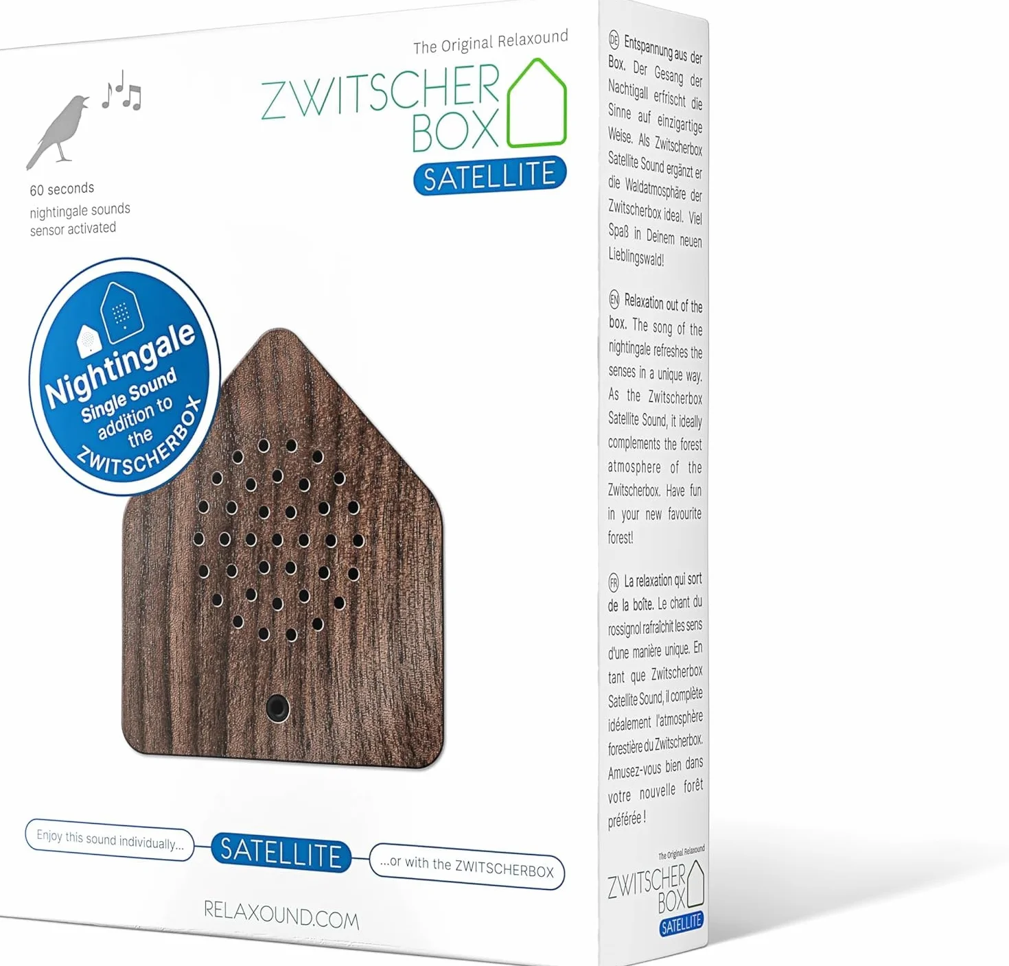 RELAXOUND Zwitscherbox Satellite Nightingale Noce – Moderna scatola canto degli uccelli – Rilassante canto degli uccelli – Rilevatore di movimento con suono – Soundbox