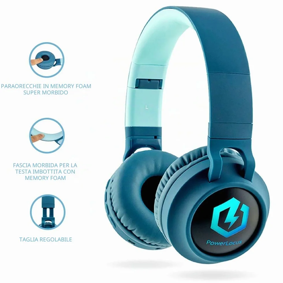 PowerLocus Cuffie Bluetooth per Bambini, Cuffie Over-Ear Senza-Fili per Bambini, Limitatore audio a 85 dB, con LED, Pieghevole, Con Microfono, Micro SD, Sacchetto da Trasporto per Viaggio/Telefono/PC