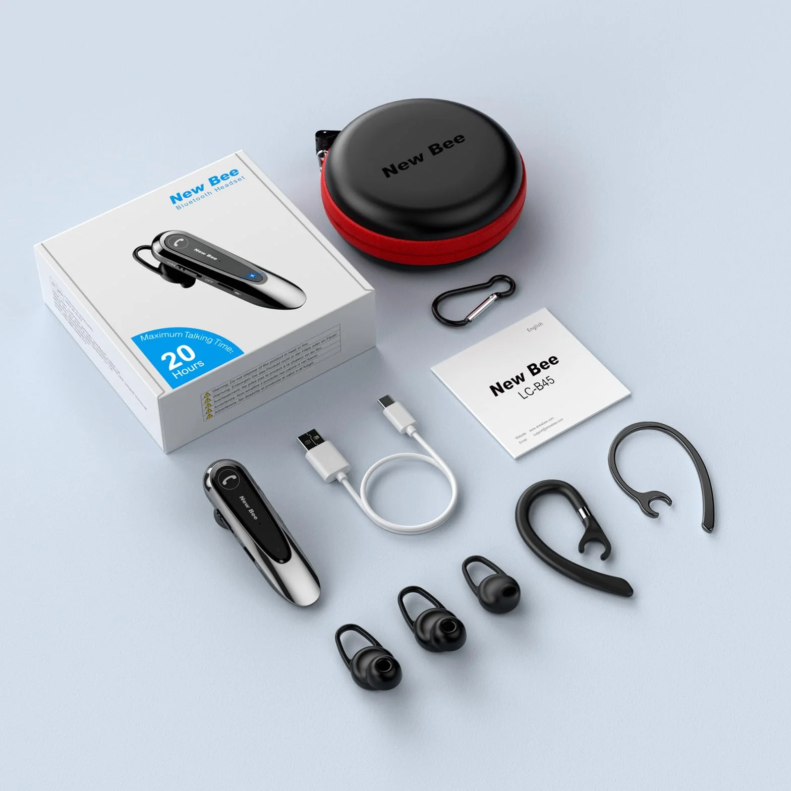New Bee Auricolare Bluetooth Singolo con Doppio Microfono V5.0 Auricolari Bluetooth con 20 Ore Di conversazione, Microfono Muto, Connessione a due Dispositivi per iPhone, Android e Laptop