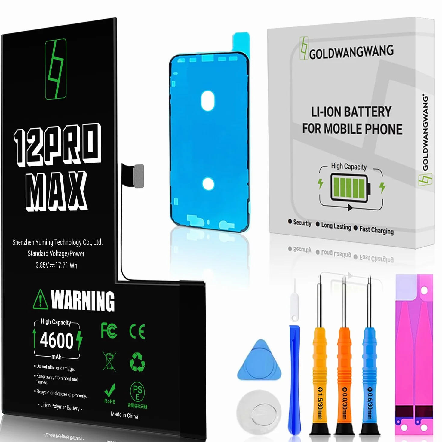 Batteria per iPhone 12 Pro Max, 4600mAh Alta Capacità, Compatibile con A2411 A2412 A2342, 0 Cicli, Kit di Riparazione Completo, Certificato CE/RoHS/FCC