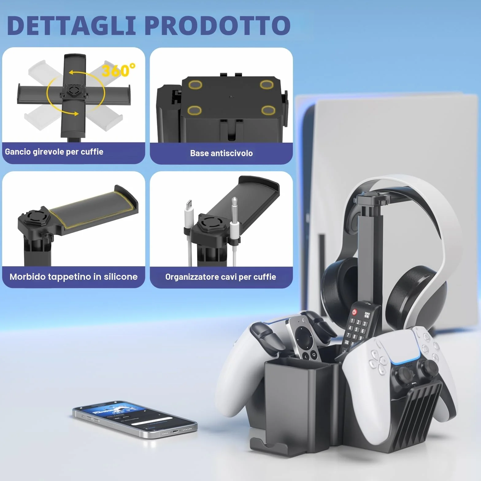 KDD Supporto per Controller Doppio, Porta Cuffie da Scrivania Universale con Supporto Telefono, Porta Controller Multifunzionale, Organizer Da Scrivania per Penna Telecomando Xbox ONE PS4 PS5 PC Nero