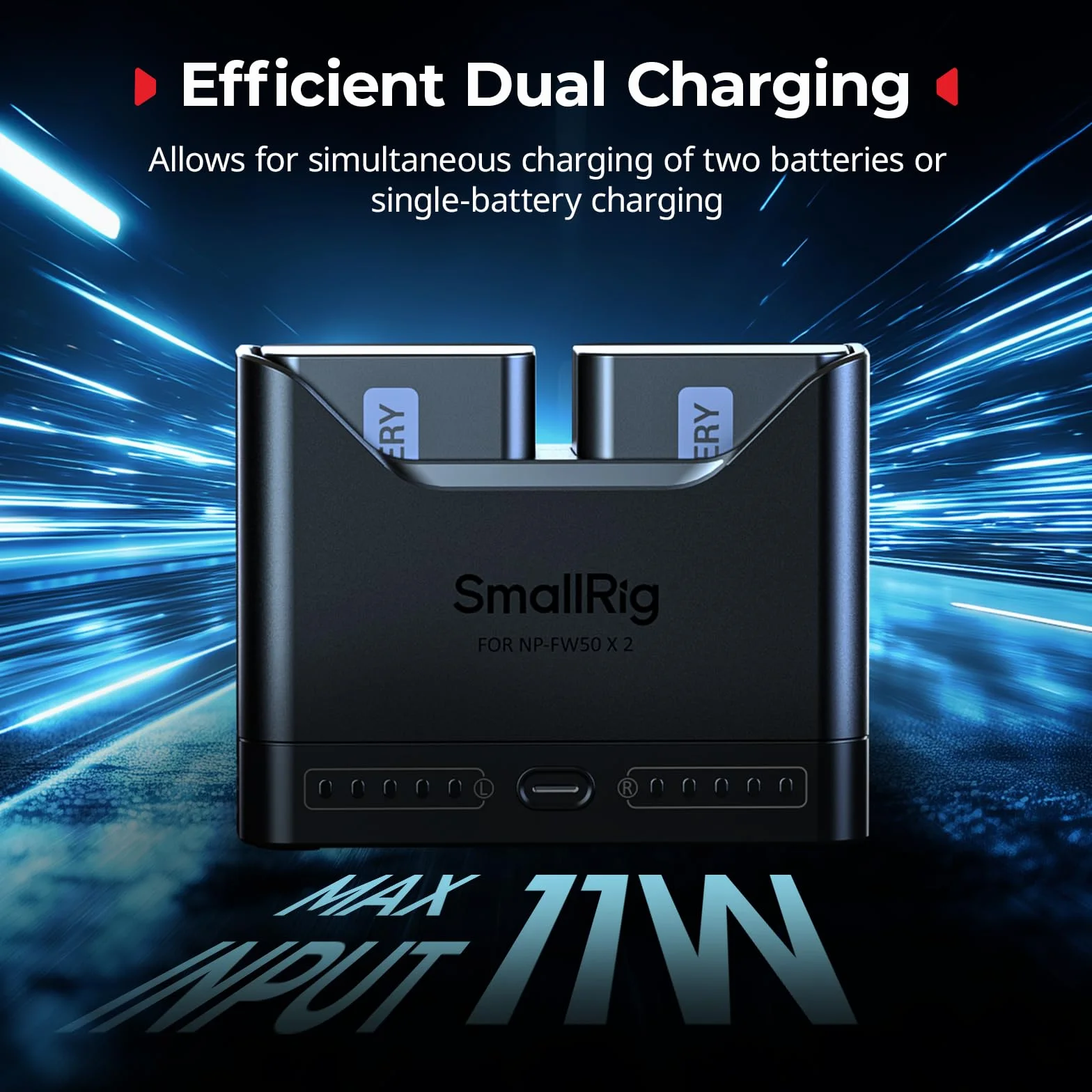 SMALLRIG Caricabatterie NP-FW50 per Sony, caricabatteria doppio slot da 2 ore con porta USB-C da 11 W, per Sony A6000 A6100 A6300 A6400 ZV-E10 A7 A7S A7R A7SII A7RII A5000 A5100 ILCE-QX1-5493