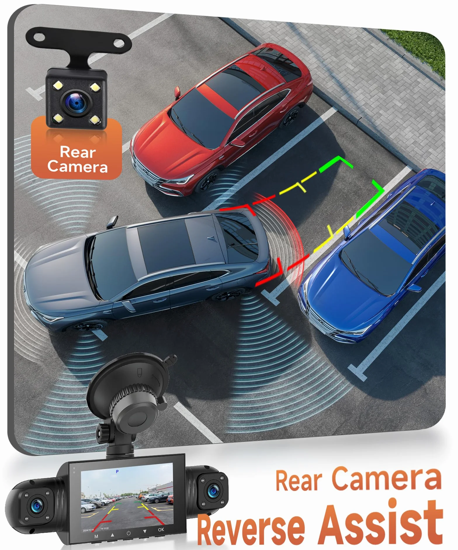 Rimoody 360° 4 Canali Dashcam Auto, 4 Telecamera HD 1080P Anteriore e Posteriore Sinistra Destra, 3 Pollici 1080P Dash Cam con 8 IR Visione Notturna/Loop video/24H Parcheggio Monitor/G-Sensore