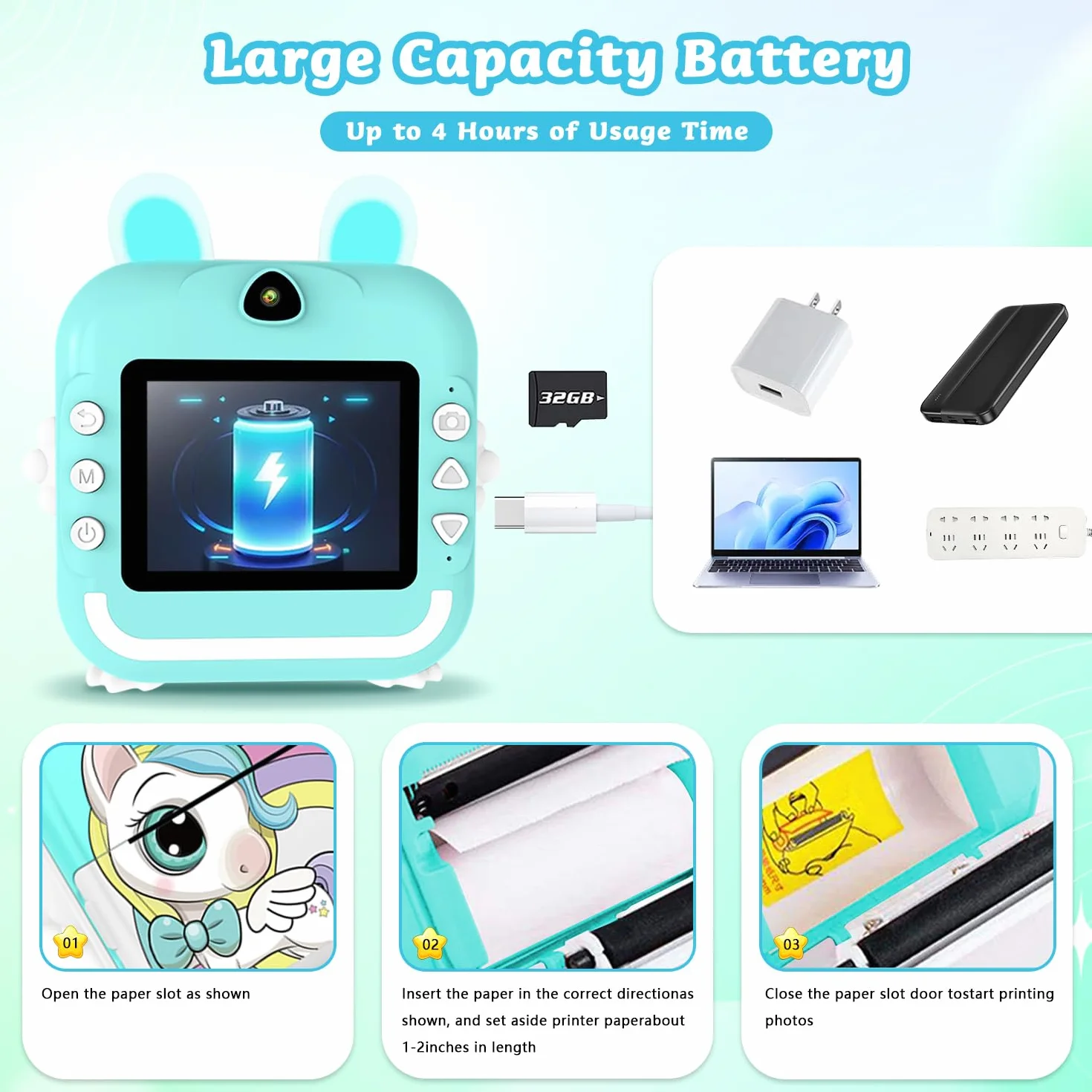 Macchina Fotografica Bambini Istantanea, 2,4 Pollici 1080P Digitale Fotocamera Bambini con Carta Fotografica Stampa e 32GB Schedaper Giocattolo Regalo di Natale Bambino e Bambina 4-12 Anni