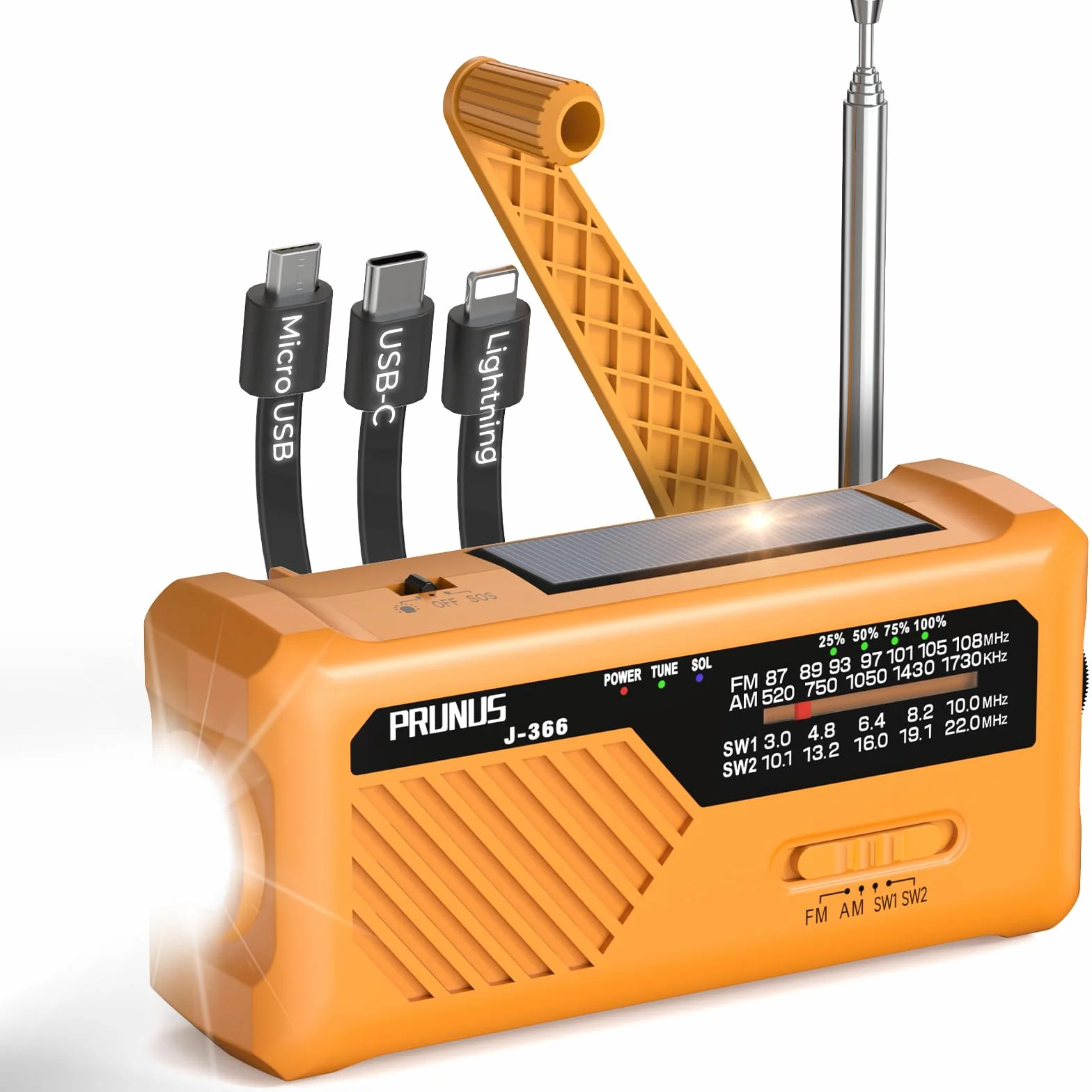 PRUNUS J-366 Radio Portatile Emergenza FM AM SW, 2000 mAh Power Bank con Allarme SOS e Torcia (Giallo)