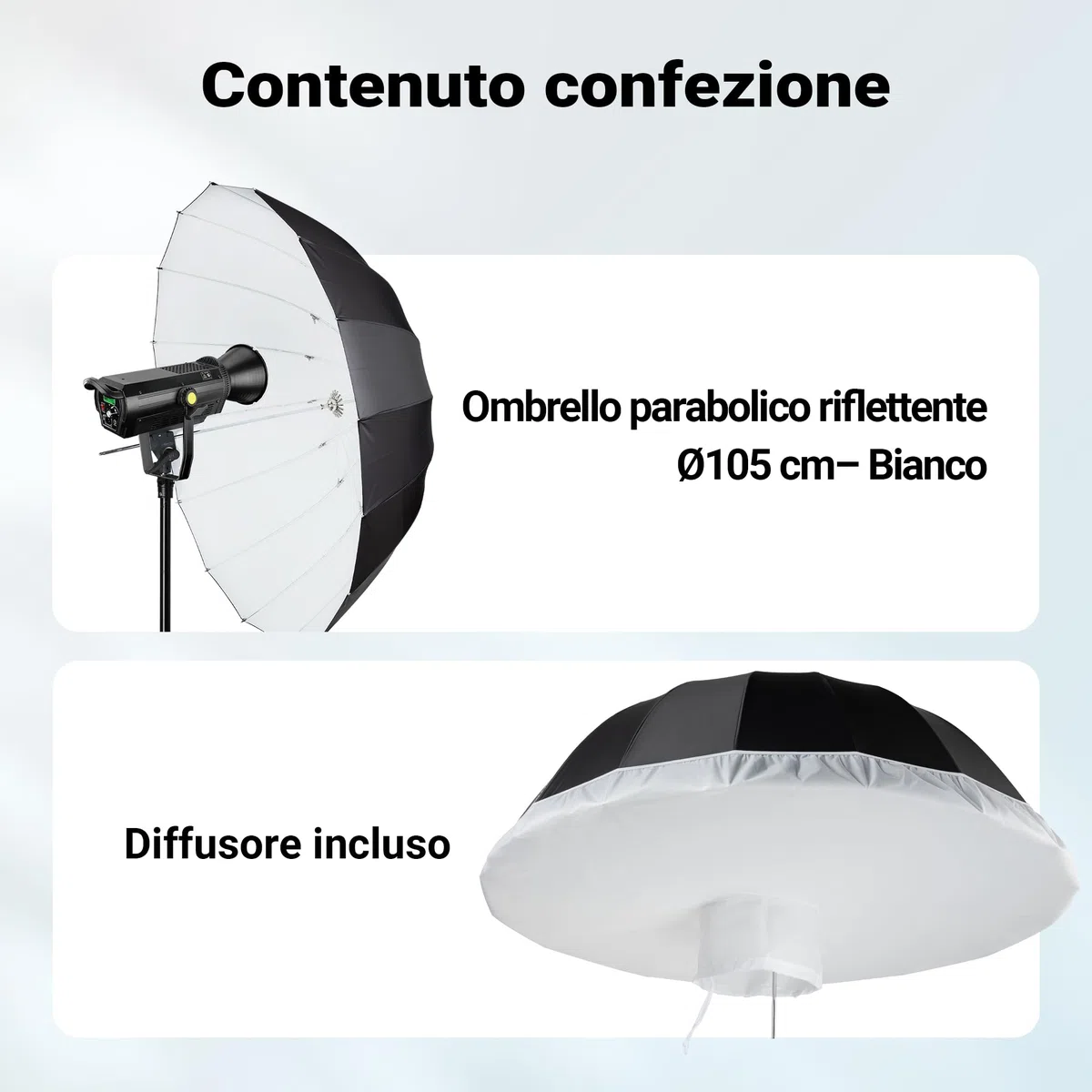 Walimex pro Ombrello fotografico parabolico nero/bianco Ø 105 cm + diffusore – Set di modellatori di luce per fotografia e videografia