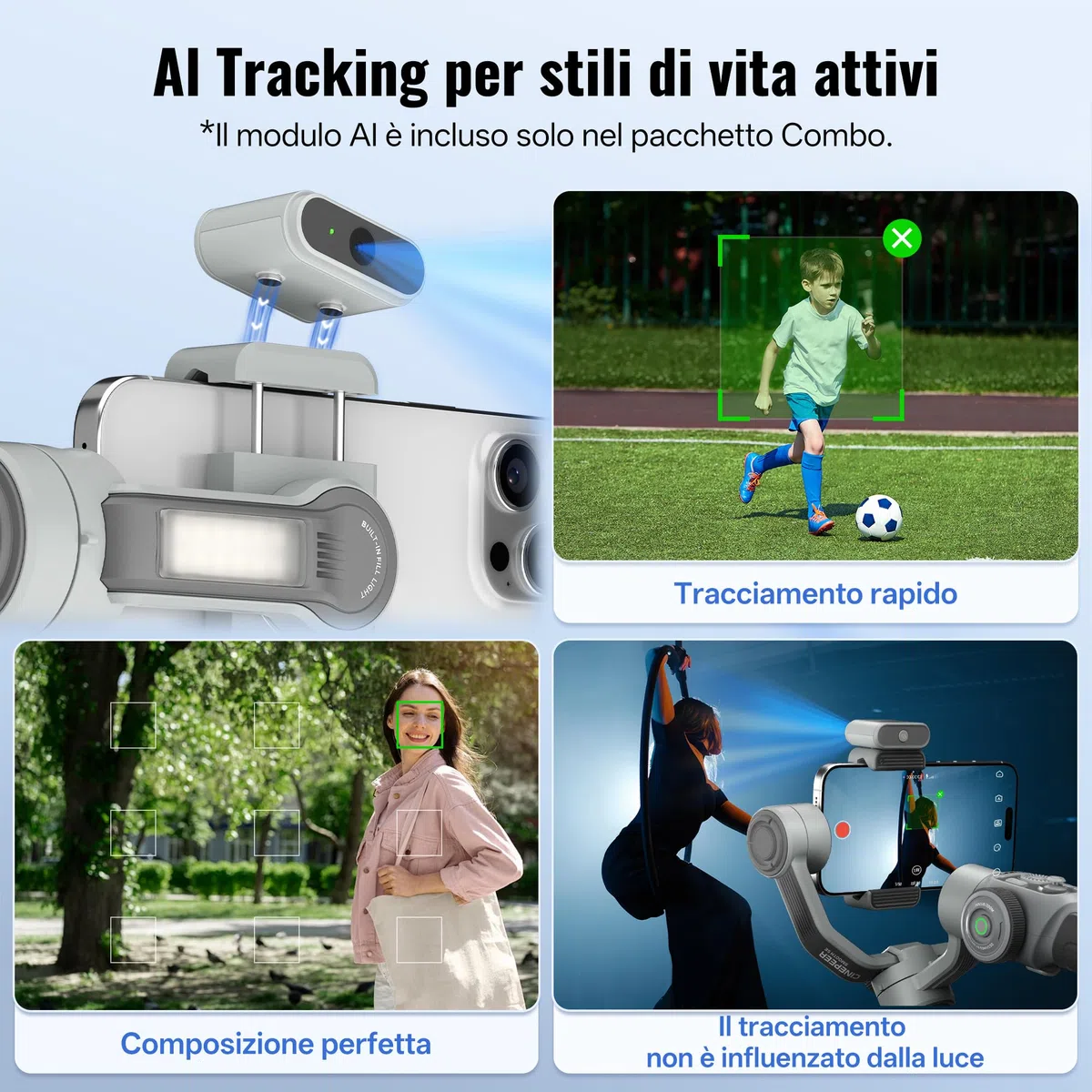 ZHIYUN CINEPEER SMOOTH 5E Combo Stabilizzatore per Smartphone, Intelligent AI Tracking, Luce di Riempimento Integrata & Magnetica, 3 Assi Gimbal, Modifica Intelligente, Carico 300g