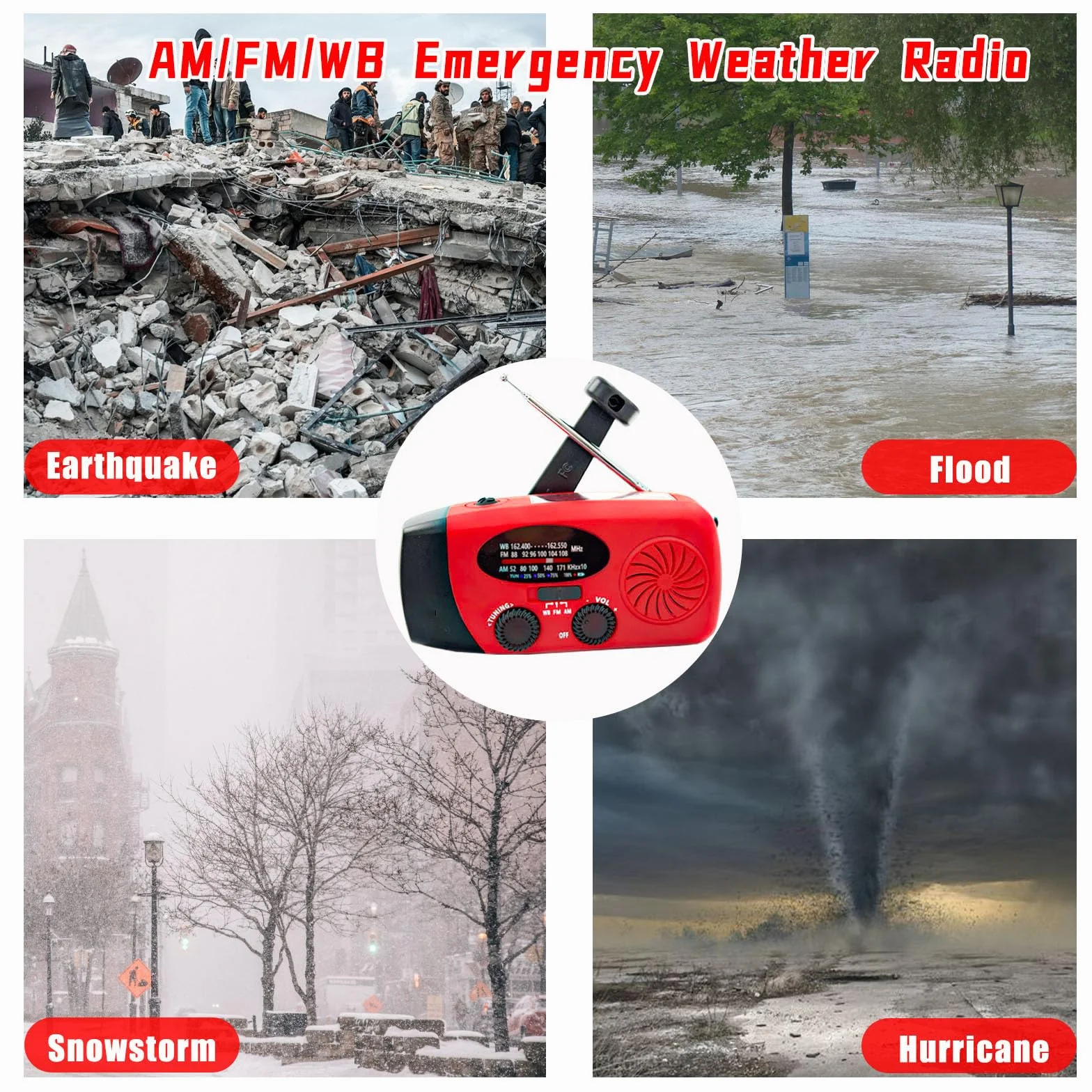 Radio di Emergenza Portatile 2000 mAh con Pannello Solare SOS, AM/FM/NOAA WB, Torcia a Manovella