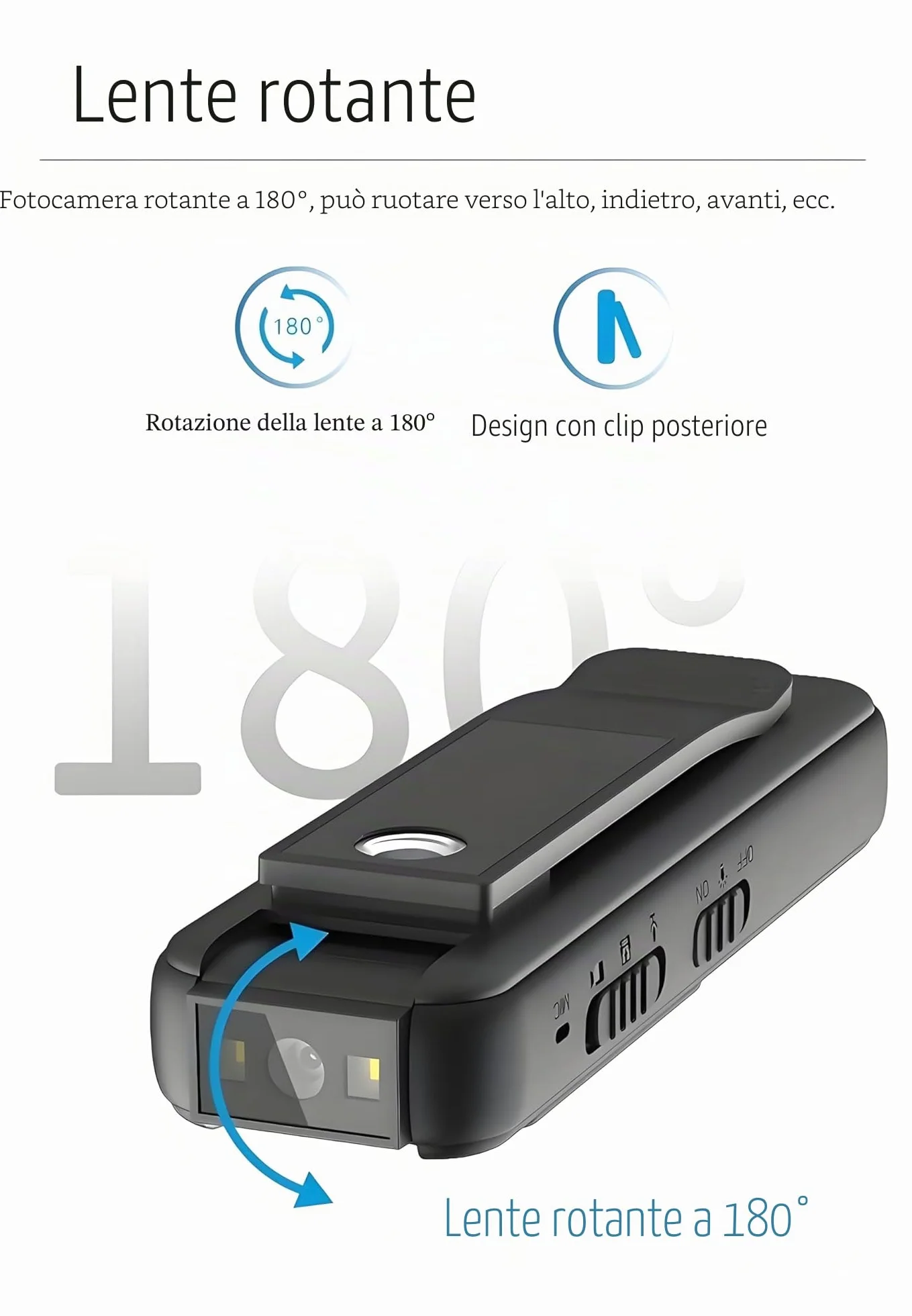 Mini fotocamera portatile da 1080P, con clip magnetica, obiettivo girevole a 180°, 128 GB fino a 7 ore, registrazione e luce LED per riunioni e bici all'aperto